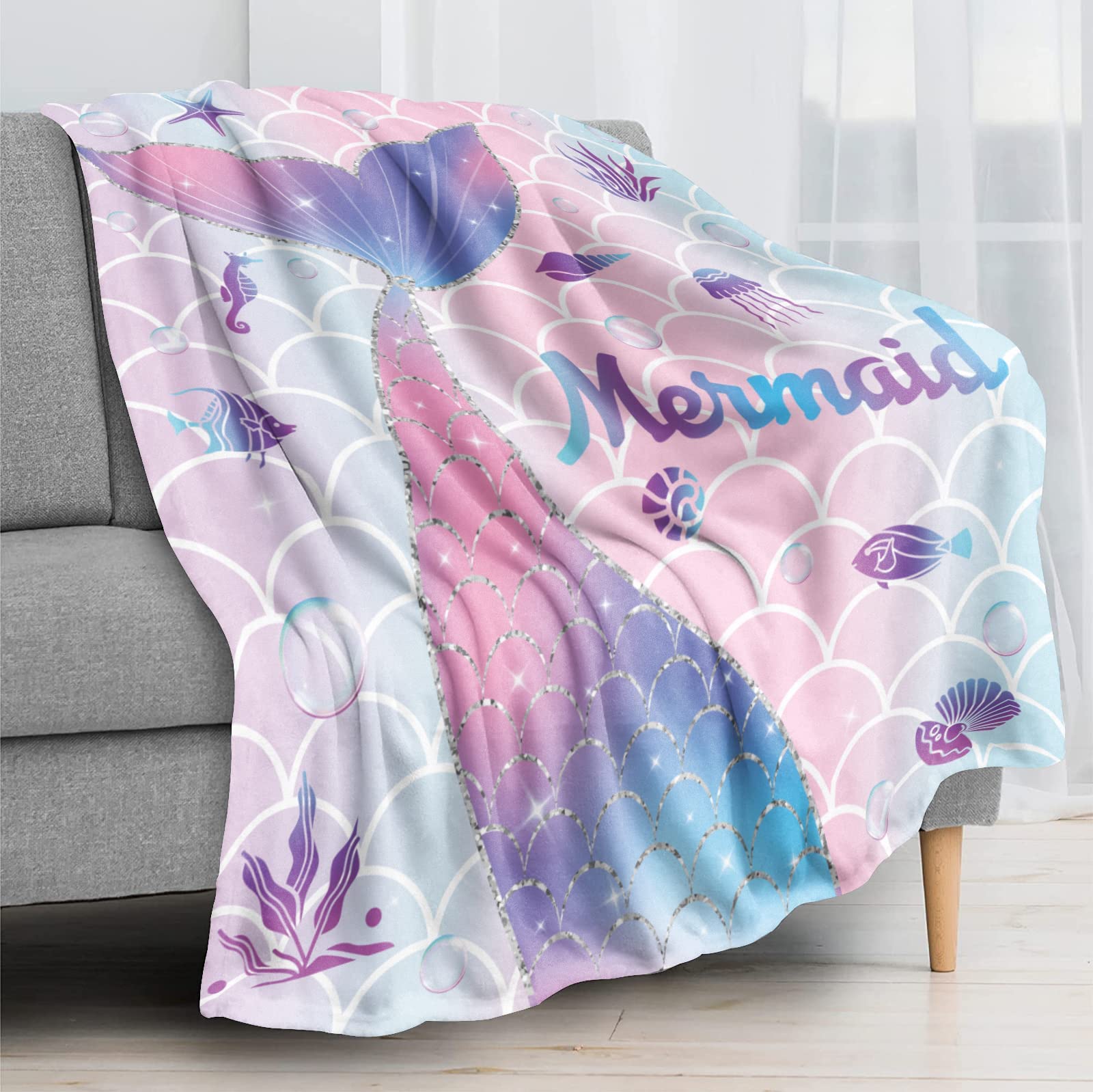 Mermaid Blanket Mermaid Present for Girls，Mermaid Throw Blankets Flannel Soft Warm Plush Sea Blanket for Girls Kids Women Adult for All Season Bed Couch Living Room Decor 50"x60"