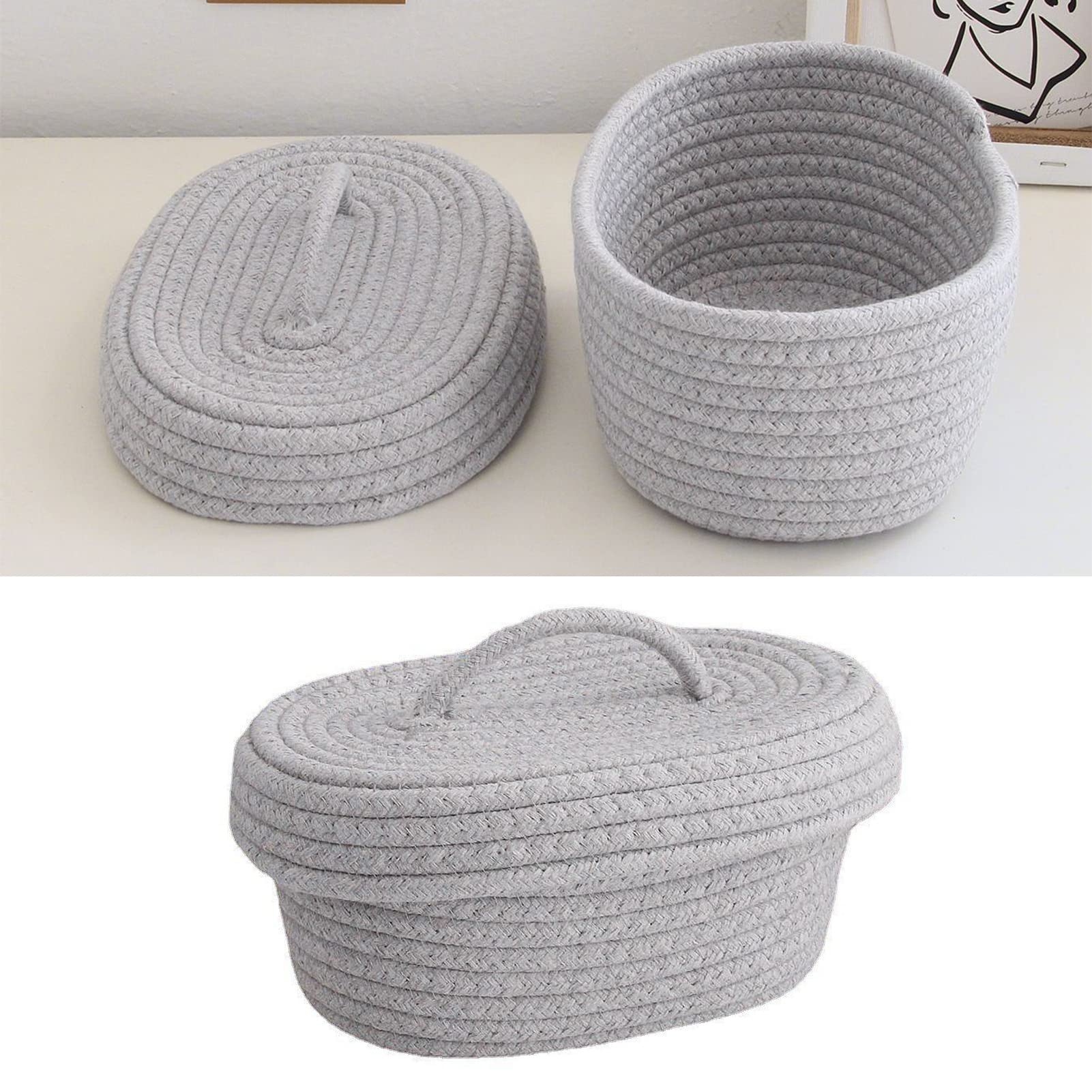 CHICIRIS Storage Bins, Desktop Storage Box with Lid Handmade Cotton Rope Storage Basket for Makeup Sundries Snack Needles