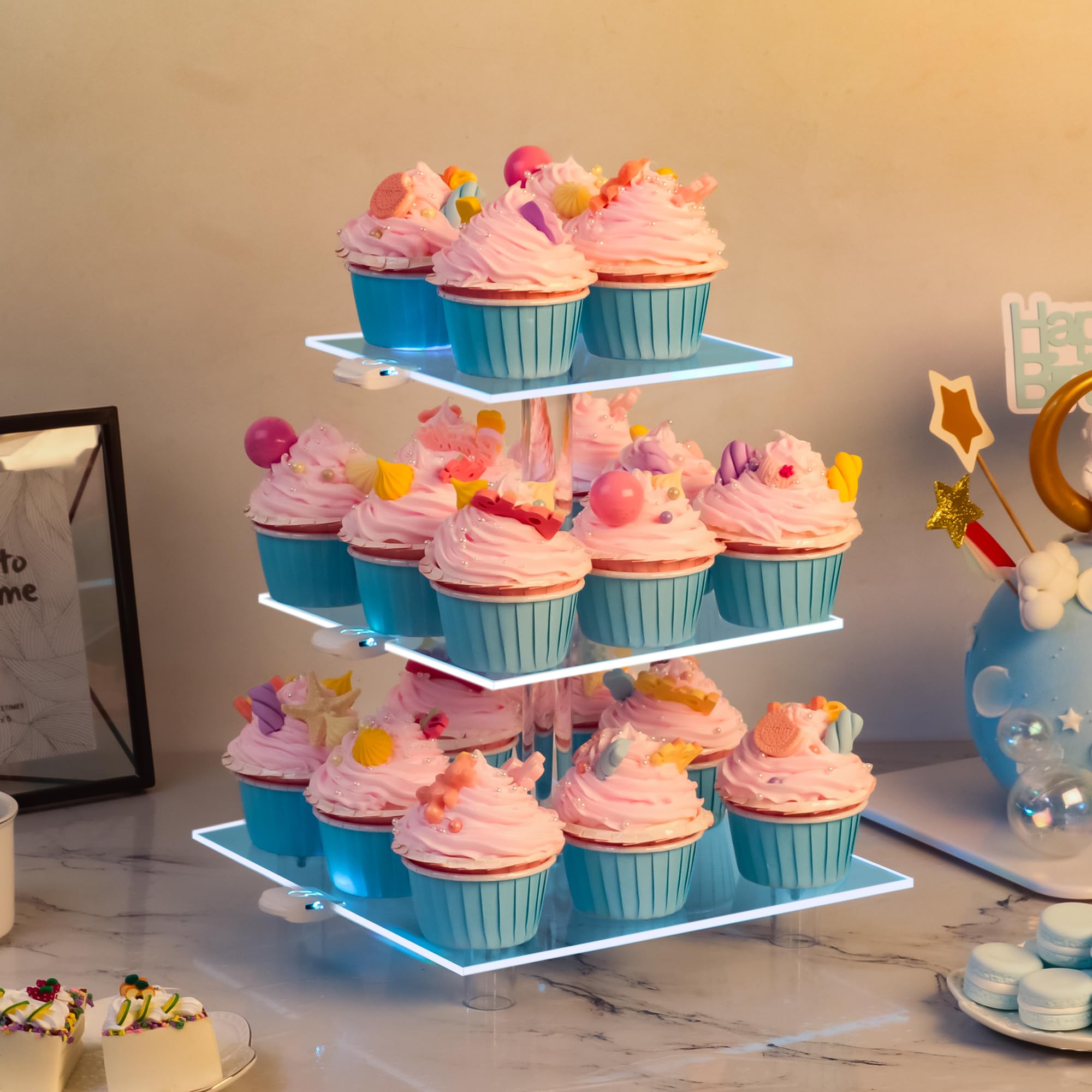 Cupcake Stand - 3 Tier Cupcake Tower with Rechargeable Light- Acrylic Cupcake Holder for 24 Cupcakes-7 Color Cupcake Display Stand- Clear Dessert Display Stand for Weddings, Birthdays, and Special Occasions