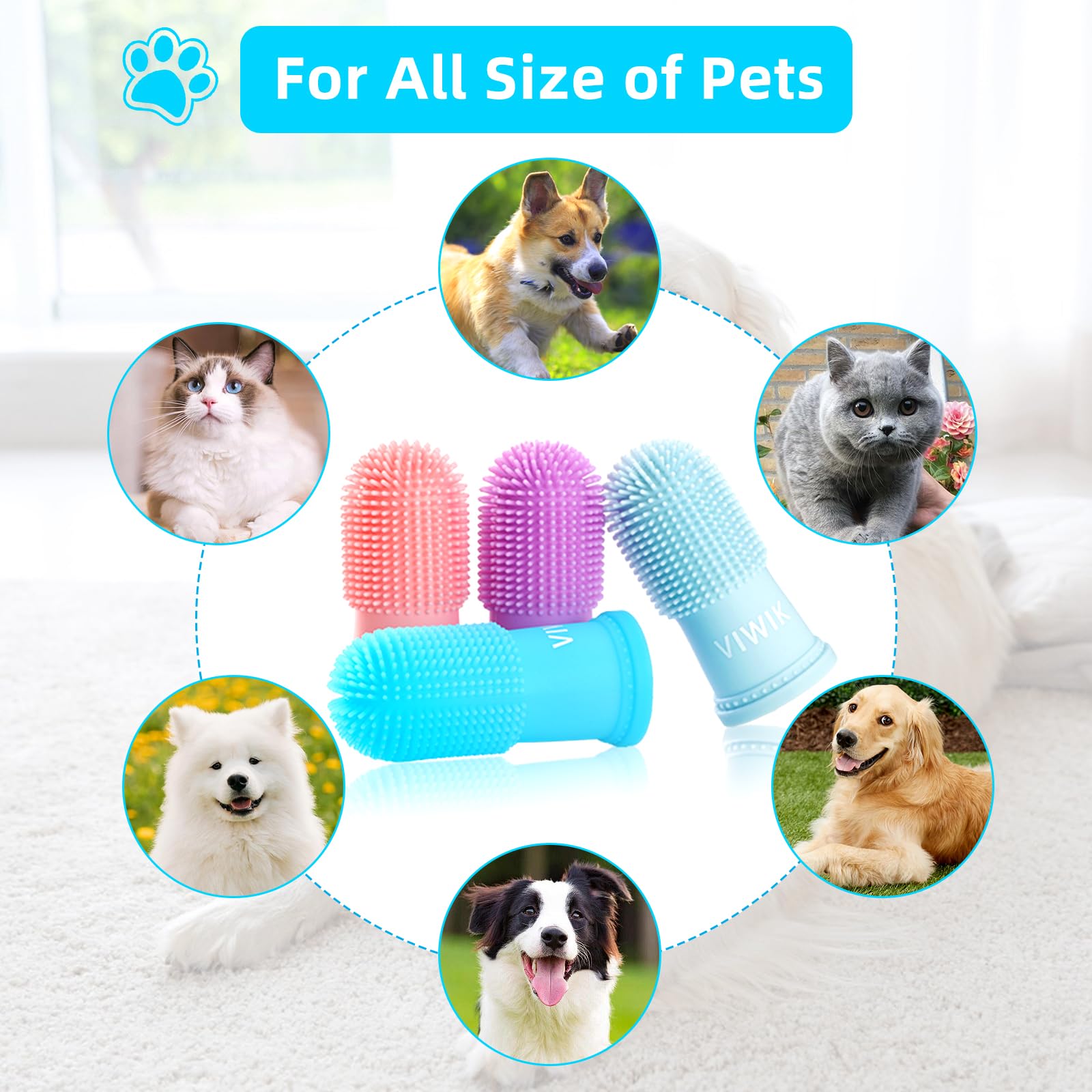 VIWIK 4Pack Dog Toothbrush Dog Tooth Brushing Kit, Cat Finger Toothbrush for Dogs Small Breed, Medium Large Dogs, Puppy Toothbrush for Dog Teeth Cleaning & Dental Care, Pet Finger Toothbrush Kit