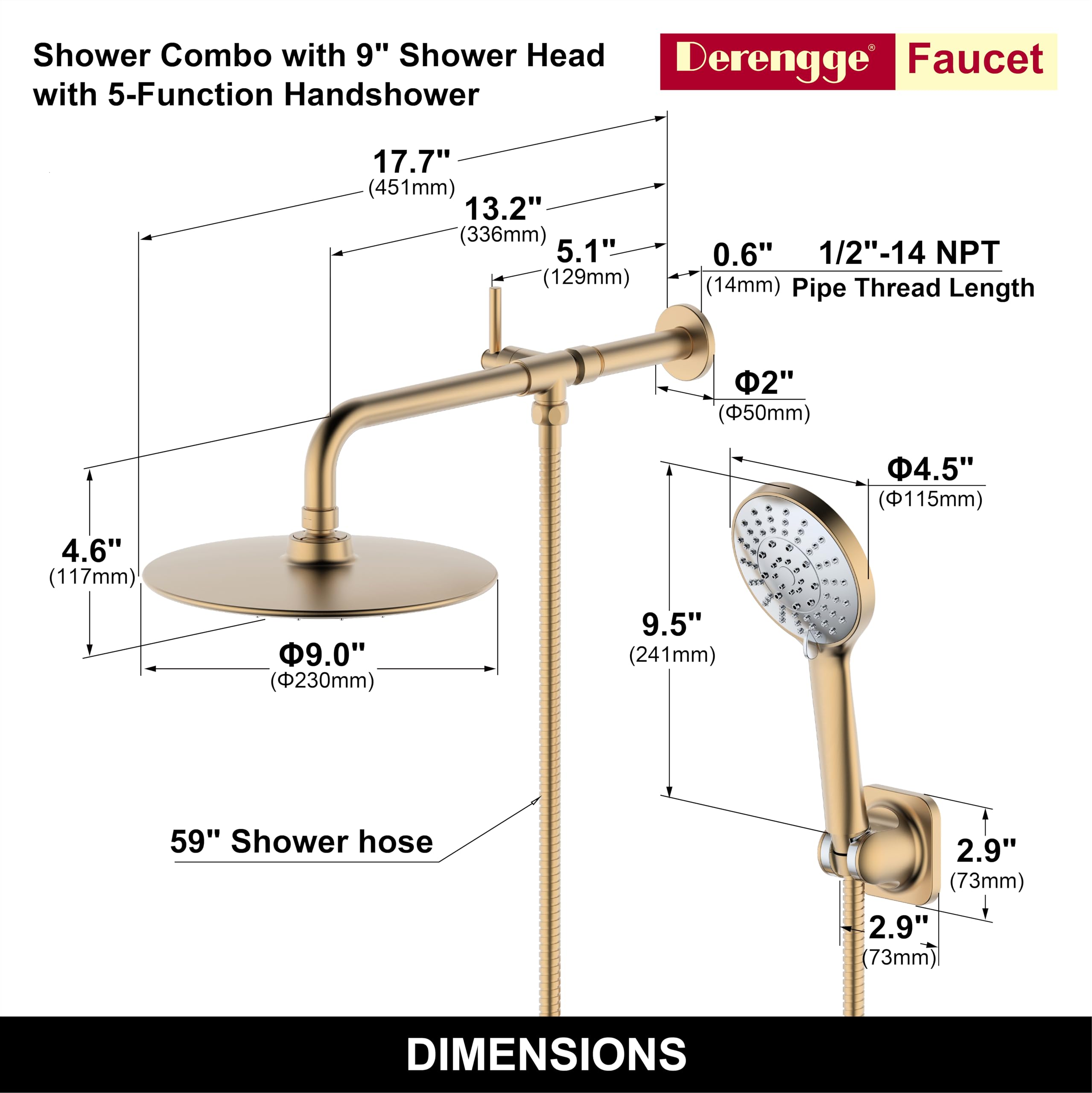 Derengge Brushed Gold Shower combo,9 Inch Shower Head and Handheld Shower with Diverter Shower Arm,SCA-0288-BG