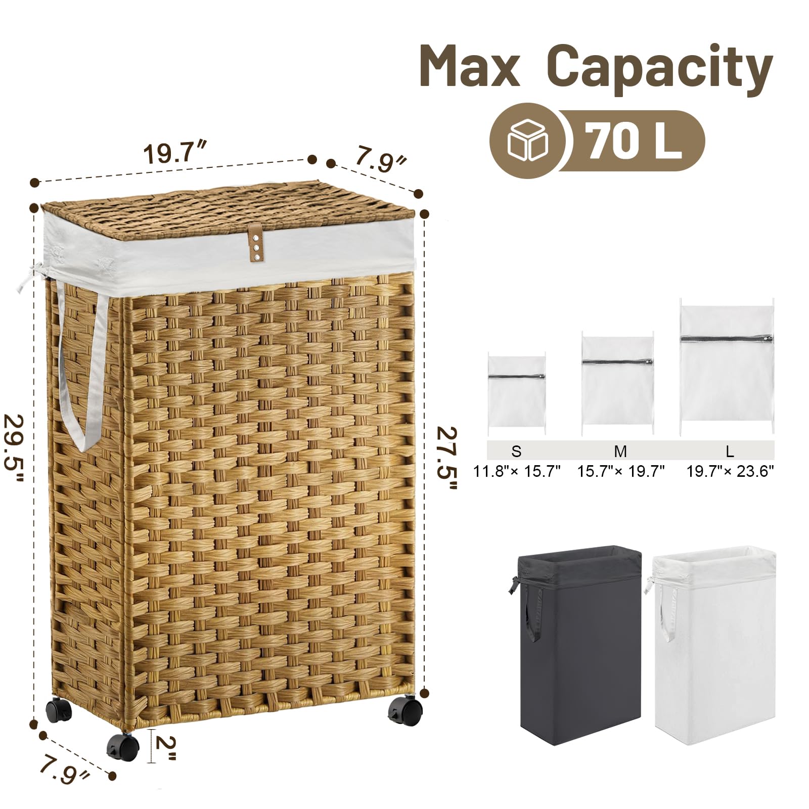 70L Slim Laundry Hamper with Lid & Wheels, Rolling Laundry Basket with 2 Removable Liner Bags & 3 Mesh Bags, Narrow Dirty Clothes Basket, Foldable Handwoven Rattan Laundry Sorter, Natural