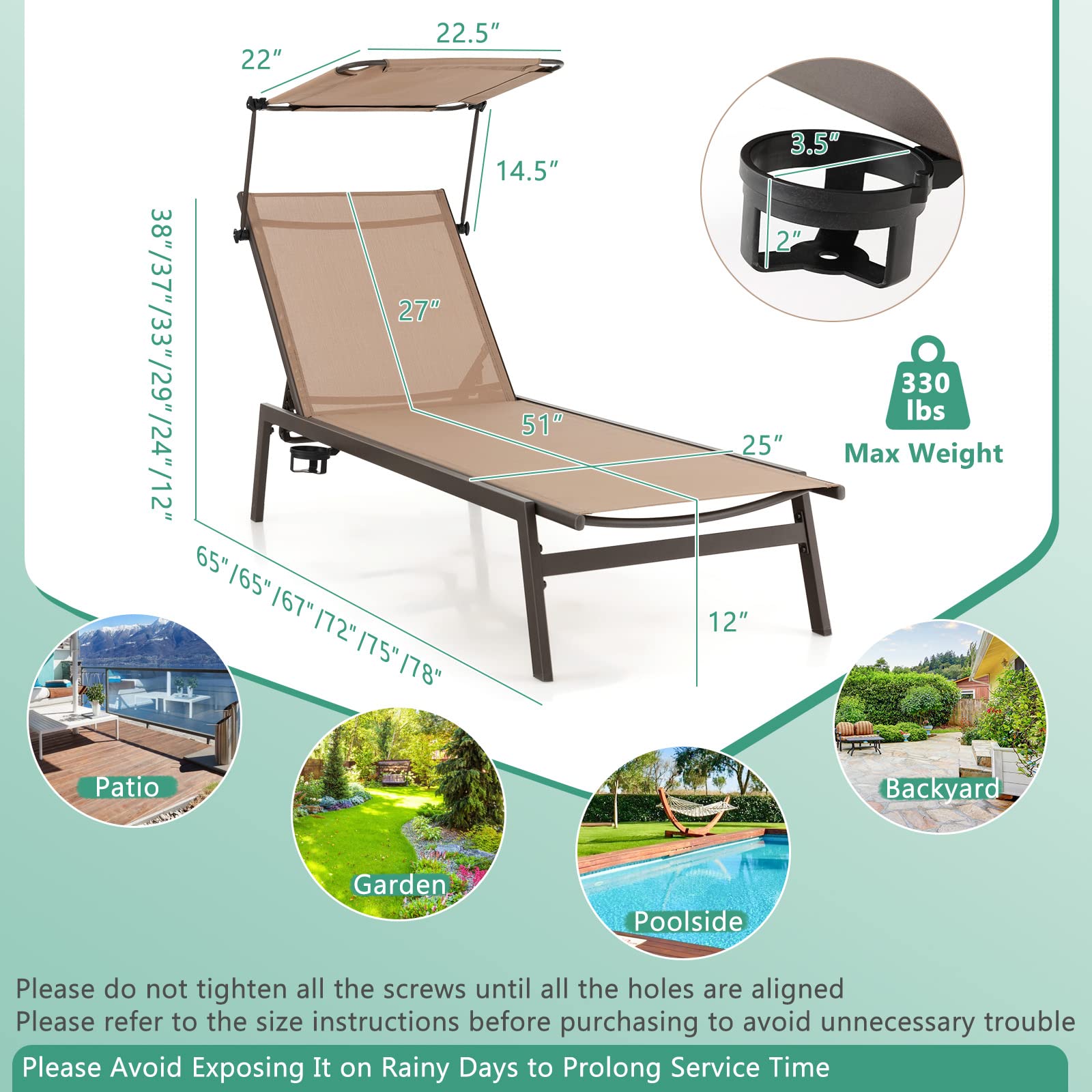 Giantex Outdoor Chaise Lounge Chair- Tanning Chair with Sunshade, 6 Adjustable Position, Sturdy Metal Frame, Cup Holder, Outside Lounger for Poolside, Backyard Sunbathing Chair (1, Brown)