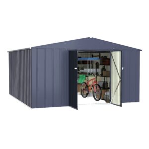 veikou 10' x 10' outdoor storage shed with thicken galvanized steel, metal shed with lockable doors, lawn tool outdoor shed for outside yard garden tools, grey