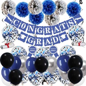 We Moment 12 Inch Black Balloons Navy Blue Balloons 12 Inch Chrome Metallic Silvery Balloon with Confetti Balloons，50pcs，for Baby Shower Boys' Birthday Graduate Black Blue Party Decoration