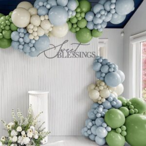 Dusty Blue Green Balloon Garland Double Stuffed Avocado Green Balloons Thick Latex White Sand Balloon Arch Kit Pastel Blue Balloons Kit For Jungle Safari Neutral Birthday Baby Shower Party Deocrations