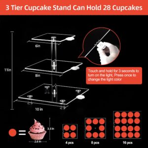 Cupcake Stand - 3 Tier Cupcake Tower with Rechargeable Light- Acrylic Cupcake Holder for 24 Cupcakes-7 Color Cupcake Display Stand- Clear Dessert Display Stand for Weddings, Birthdays, and Special Occasions