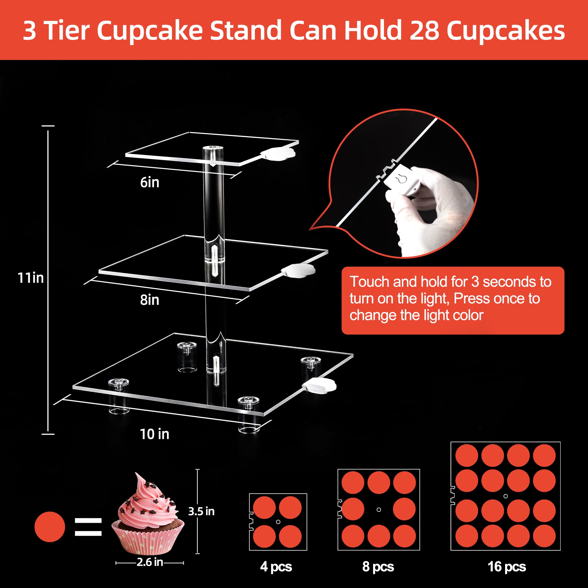 Cupcake Stand - 3 Tier Cupcake Tower with Rechargeable Light- Acrylic Cupcake Holder for 24 Cupcakes-7 Color Cupcake Display Stand- Clear Dessert Display Stand for Weddings, Birthdays, and Special Occasions