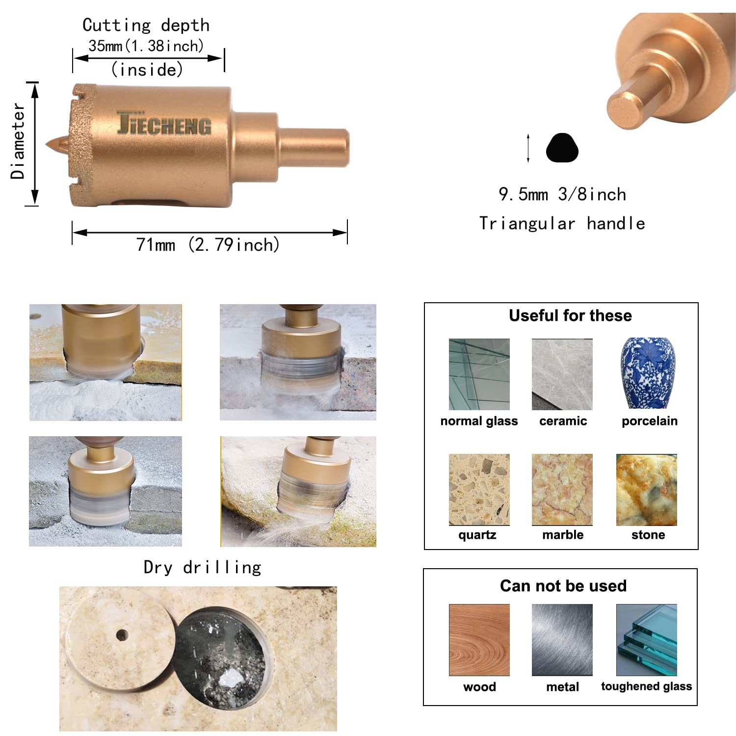 JIECHENG Brazed Diamond 1 inch Hole Saw with Center Drill Bit for Ceramic,Porcelain,Tile,Glass,Granite Quartz,Marble,Gemstone,Dry Drilling 25mm