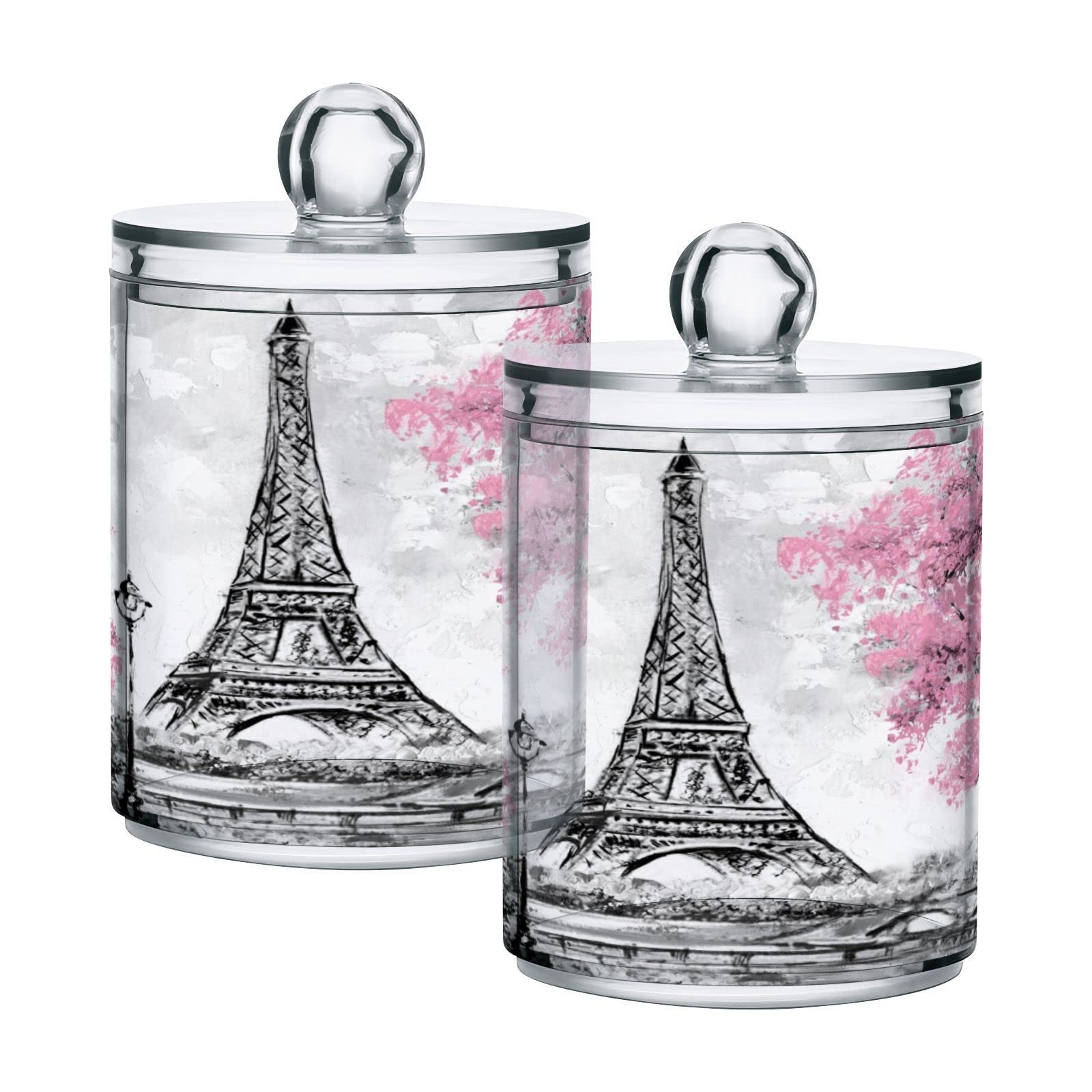 xigua Paris Eiffel Tower Qtip Holder with Lid,2Pack Clear Plastic Apothecary Jars Bathroom Storage Containers for Cotton Swab,Cotton Ball,Floss Picks,Tea,Coffee