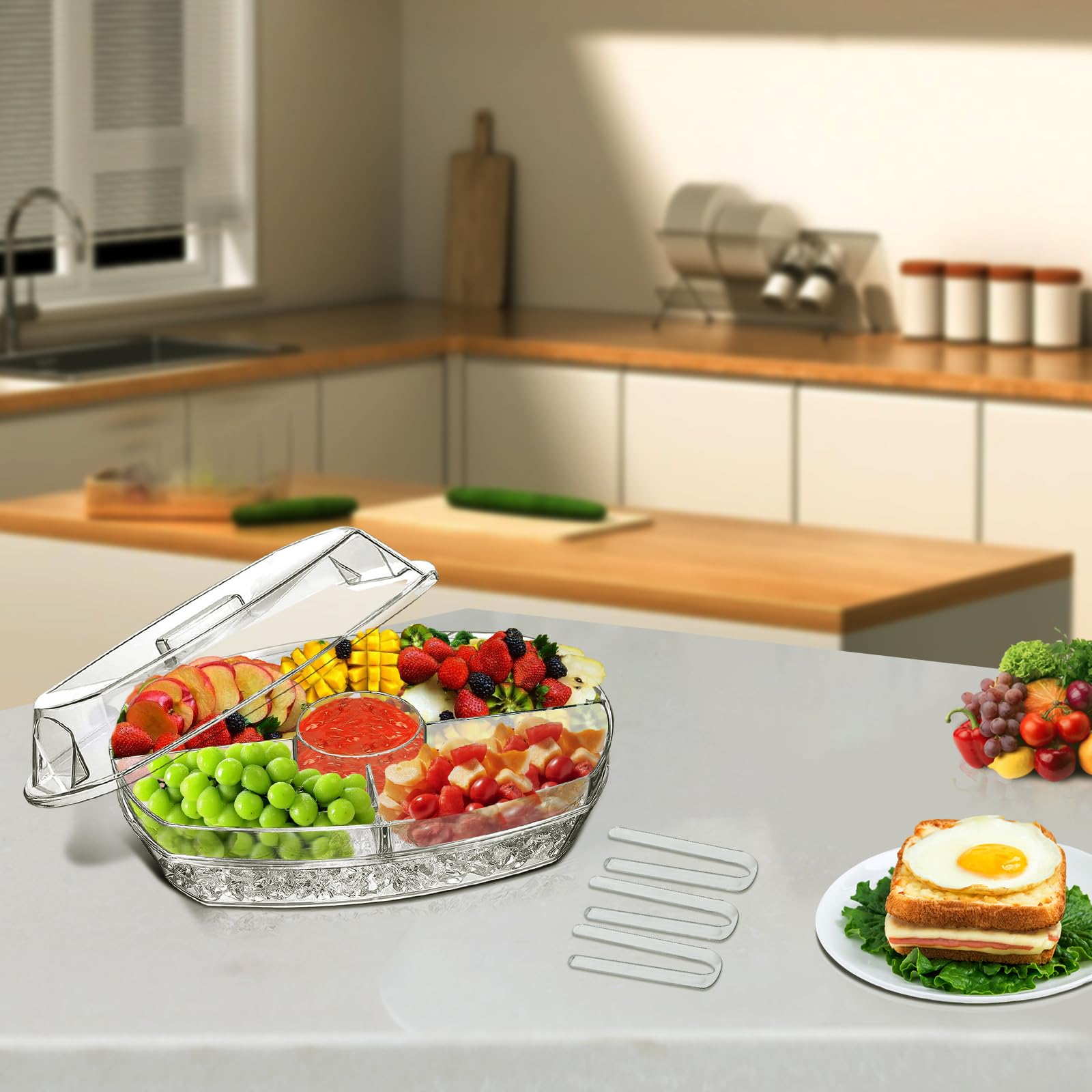 Serving Tray on Ice,Chilled Serving Tray,Serving Trays That Keep Food Cold,Kitchen Chilled Food Bowl with Compartment and Lids for Shrimp, Fruits, Vegetables, Salads