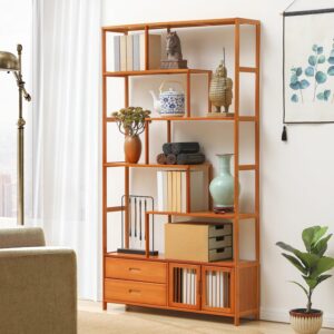 Magshion Staggered 5-Tier Bookshelf with Drawer and Cabinet, Bamboo 39" L x 9.8" W x 68.9" H Tall Chinese Vintage Display Etagere Freestanding Shelves for Bedroom, Living Room, Home Office