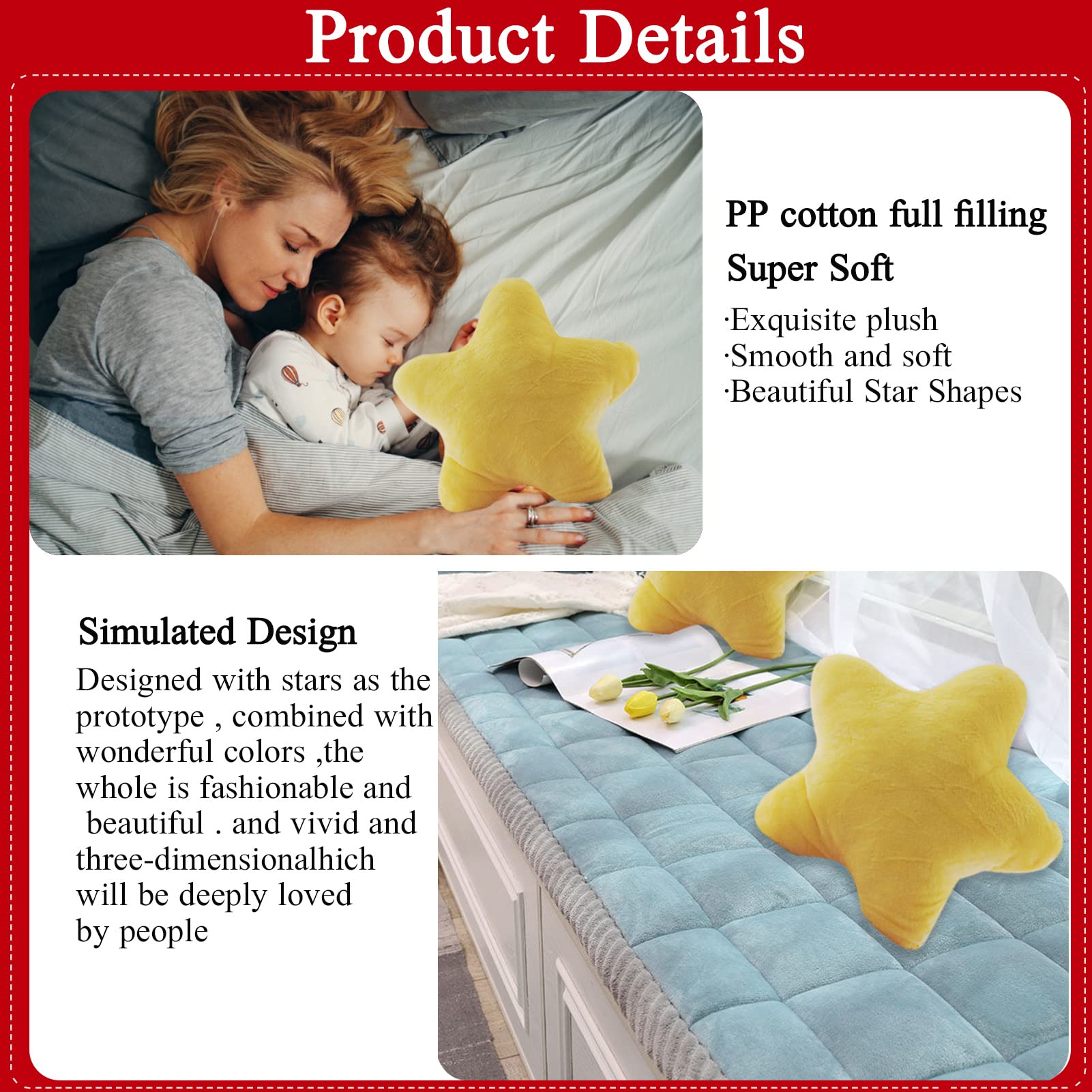 AUCOOMA Star Plush Pillow, Star Shape Stuffed Toy Soft for Kids Yellow 15.7 Inch