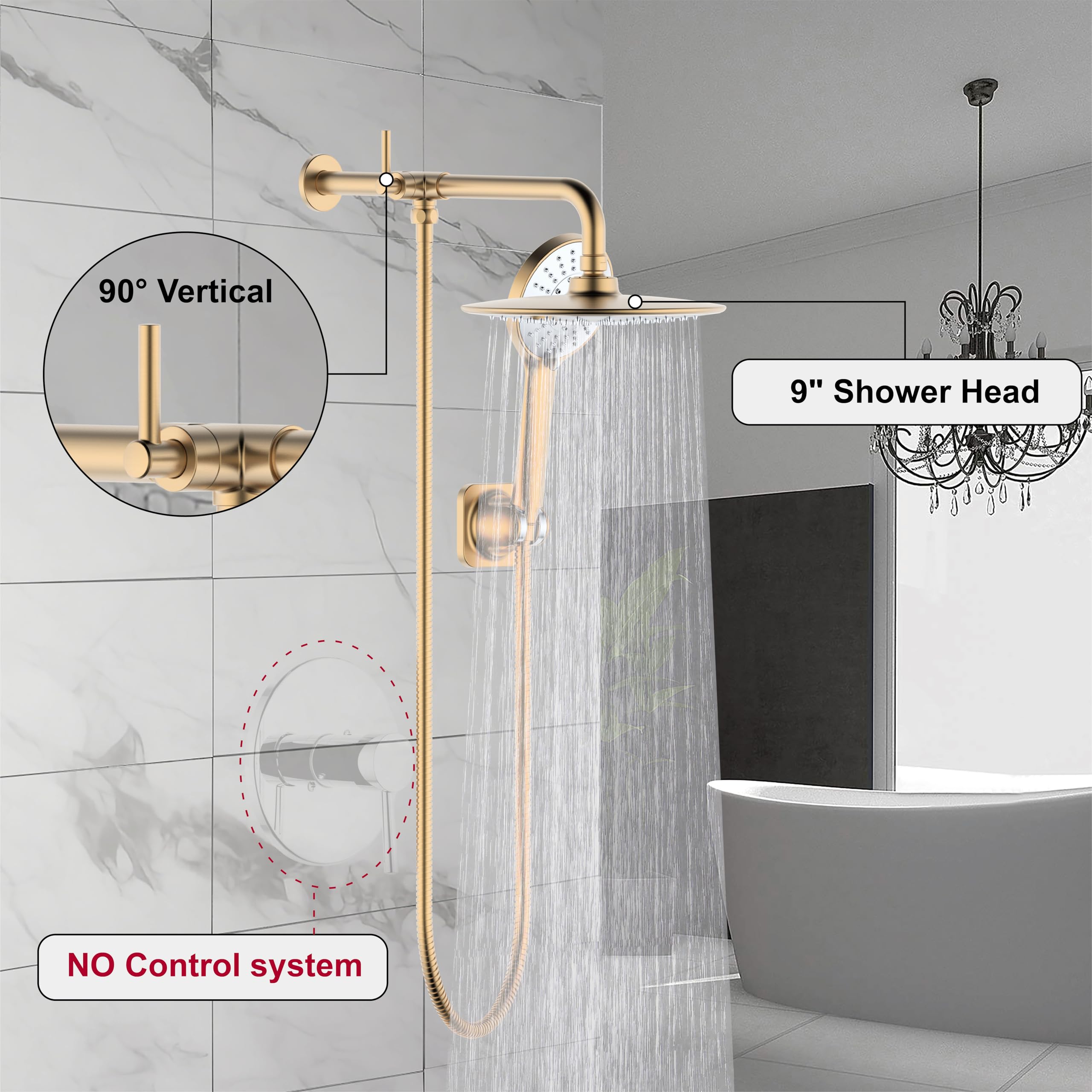 Derengge Brushed Gold Shower combo,9 Inch Shower Head and Handheld Shower with Diverter Shower Arm,SCA-0288-BG