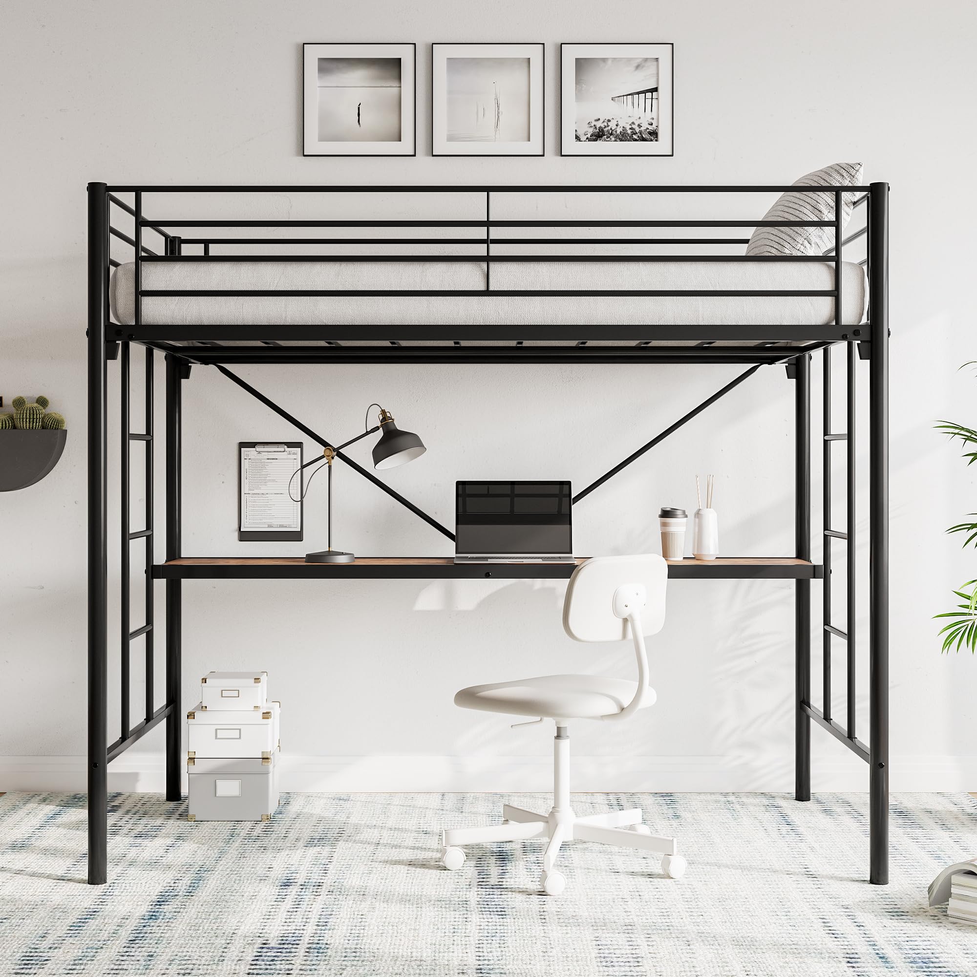 JURMERRY Metal Loft Bed with Desk & 2 Built-in Ladders,Safety Guard Rail, Space-Saving Design, No Box Spring Needed, Twin Black