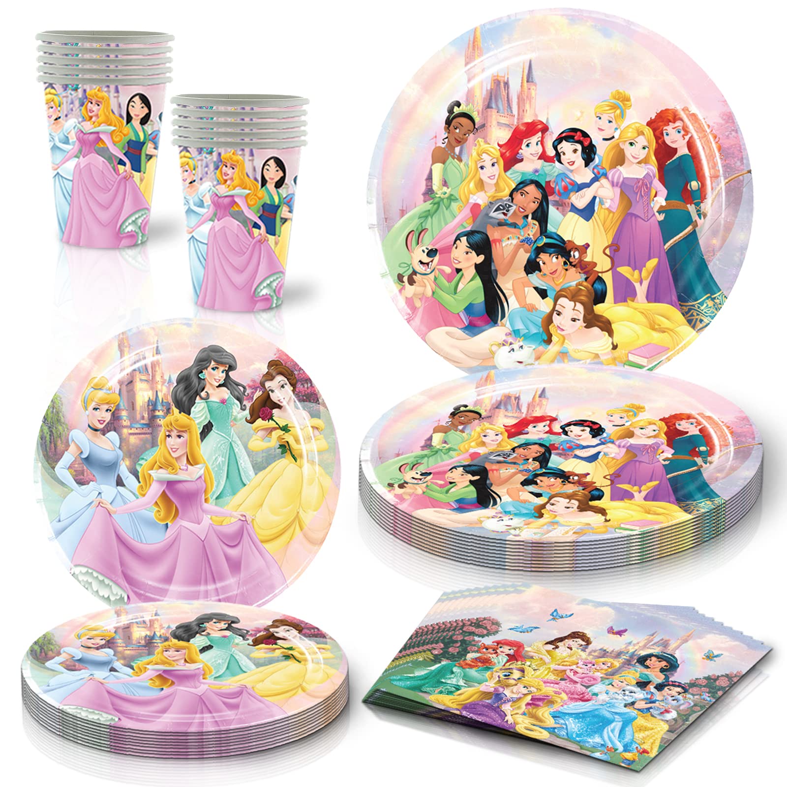 81 PCS Princess Birthday Party Supplies, Princess Tableware Set Includes 40 PCS Plates, 20 PCS Napkins, 20 PCS Paper Cups, 1 PCS Tablecover for Boys Girls Birthday Party Baby Shower DecorationsQ