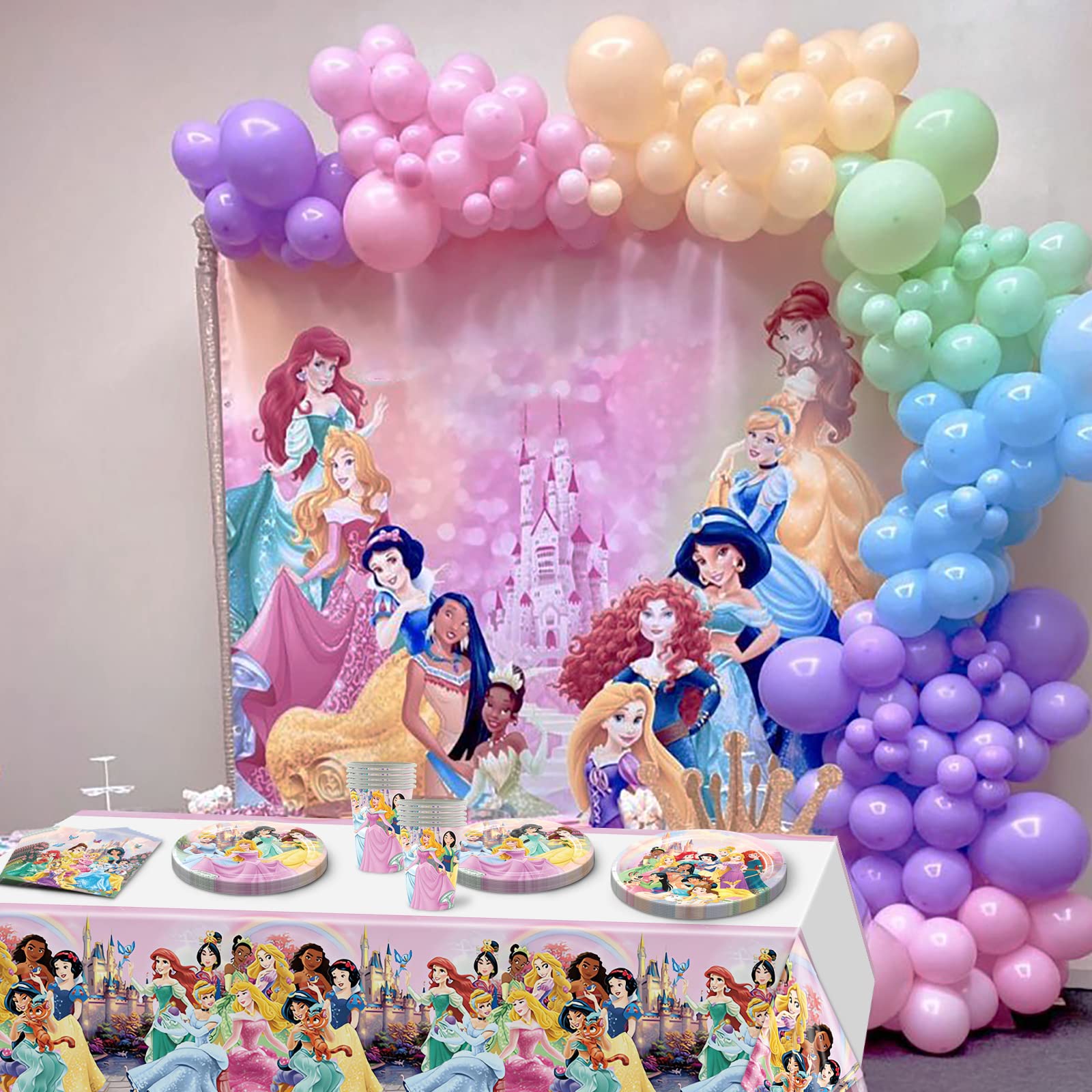 81 PCS Princess Birthday Party Supplies, Princess Tableware Set Includes 40 PCS Plates, 20 PCS Napkins, 20 PCS Paper Cups, 1 PCS Tablecover for Boys Girls Birthday Party Baby Shower DecorationsQ