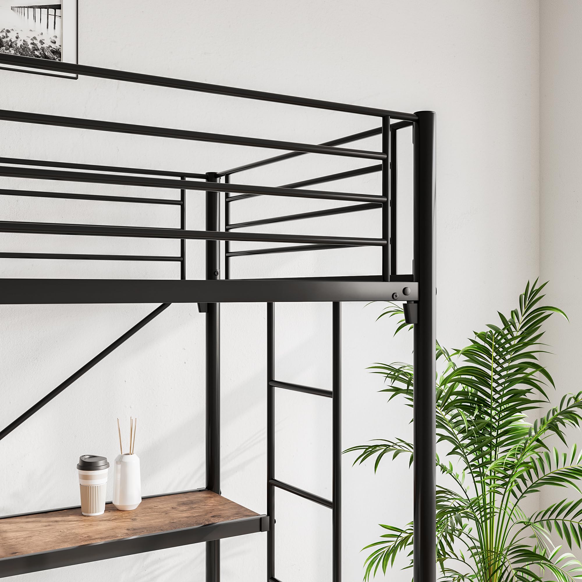 JURMERRY Metal Loft Bed with Desk & 2 Built-in Ladders,Safety Guard Rail, Space-Saving Design, No Box Spring Needed, Twin Black