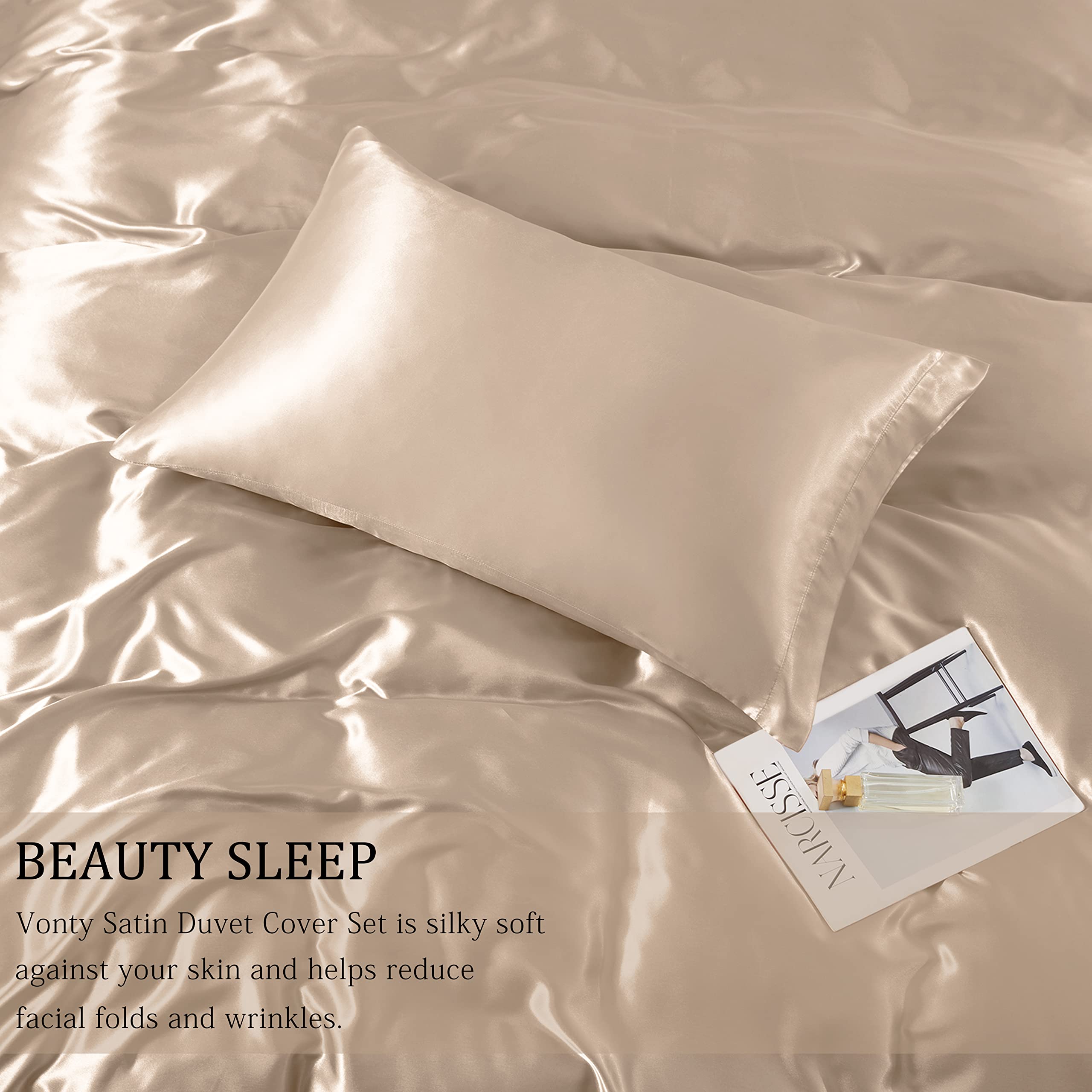 Vonty 3-Piece Silky Satin Duvet Cover Set Full/Queen Size Duvet Cover, Organic Natural 400TC Beige Duvet Cover Set - Luxury & Sexy Bedding Duvet Covers with Zipper Closure(No Comforter)