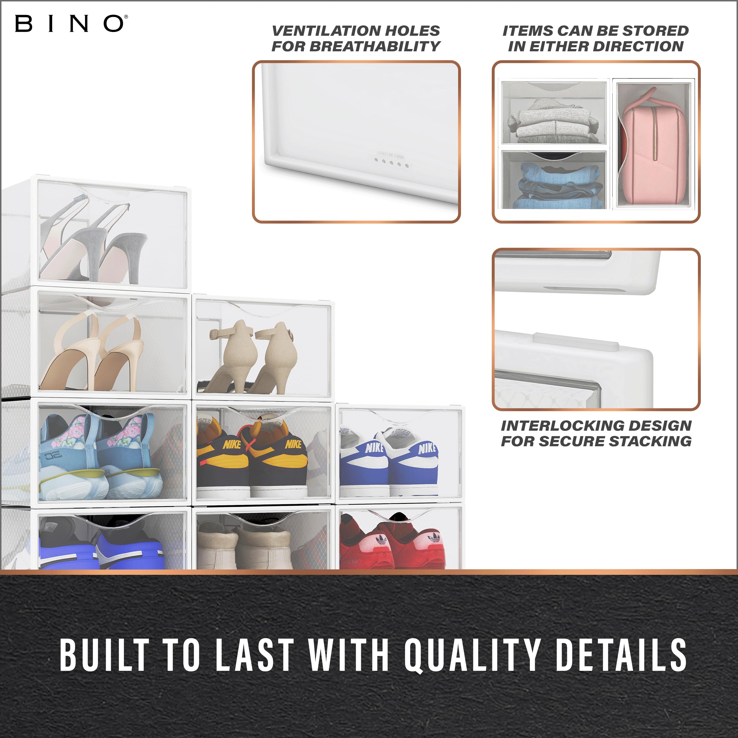 BINO 12-Pack Plastic Stackable Shoe Box Set - Clear | Foldable Shoe Storage Container | Sneaker Bins | Shoe Rack Box | Transparent | Portable Stacking Shoe Boxes Front Open