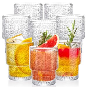 avla 8 pack vintage drinking glassware, 7 oz romantic water juice glass tumbler cup, clear stackable coffee cocktail bar drinkware for beverages, tea, milk, yogurt, whiskey, embossed floral pattern