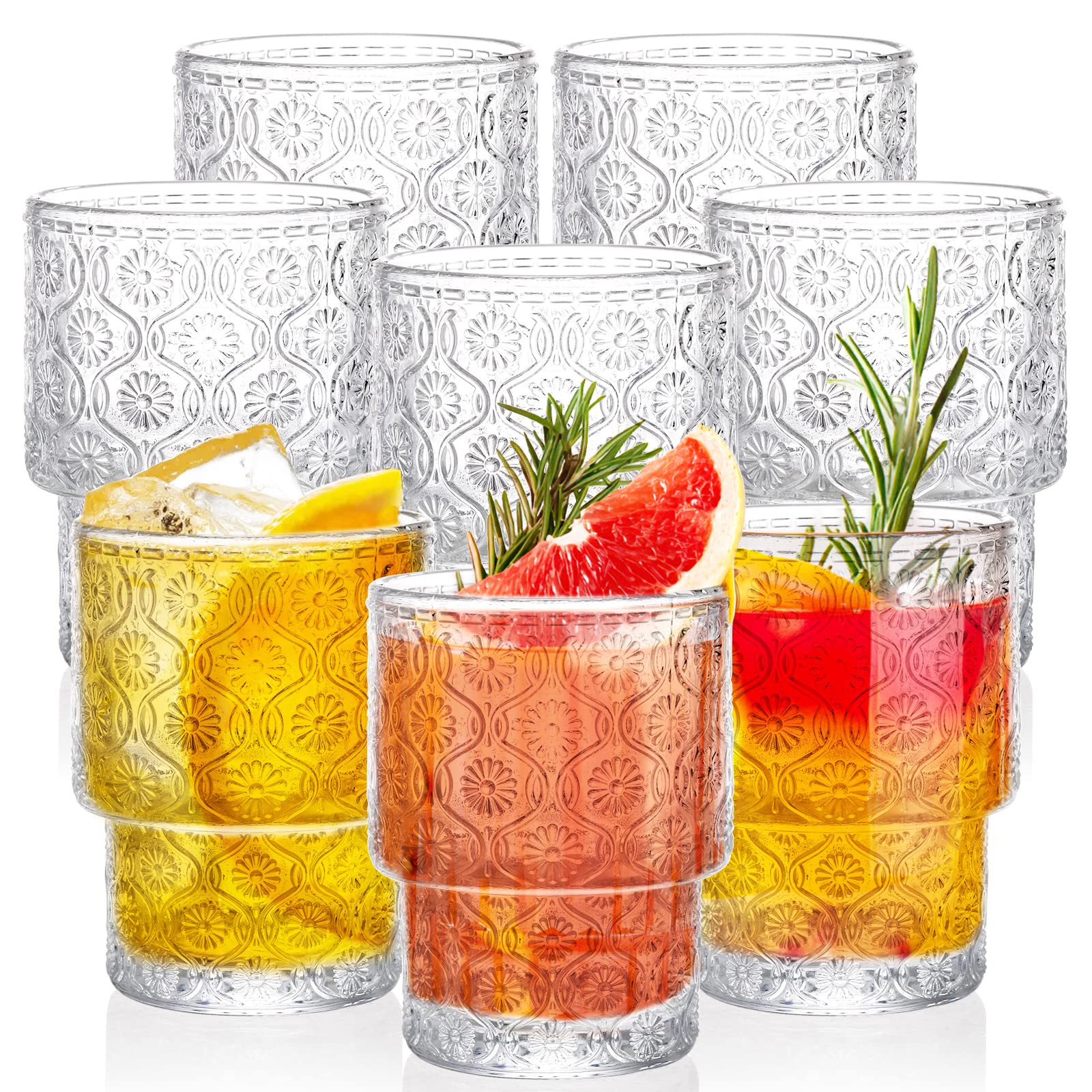 AVLA 8 Pack Vintage Drinking Glassware, 7 oz Romantic Water Juice Glass Tumbler Cup, Clear Stackable Coffee Cocktail Bar Drinkware for Beverages, Tea, Milk, Yogurt, Whiskey, Embossed Floral Pattern