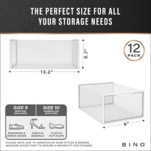 BINO 12-Pack Plastic Stackable Shoe Box Set - Clear | Foldable Shoe Storage Container | Sneaker Bins | Shoe Rack Box | Transparent | Portable Stacking Shoe Boxes Front Open