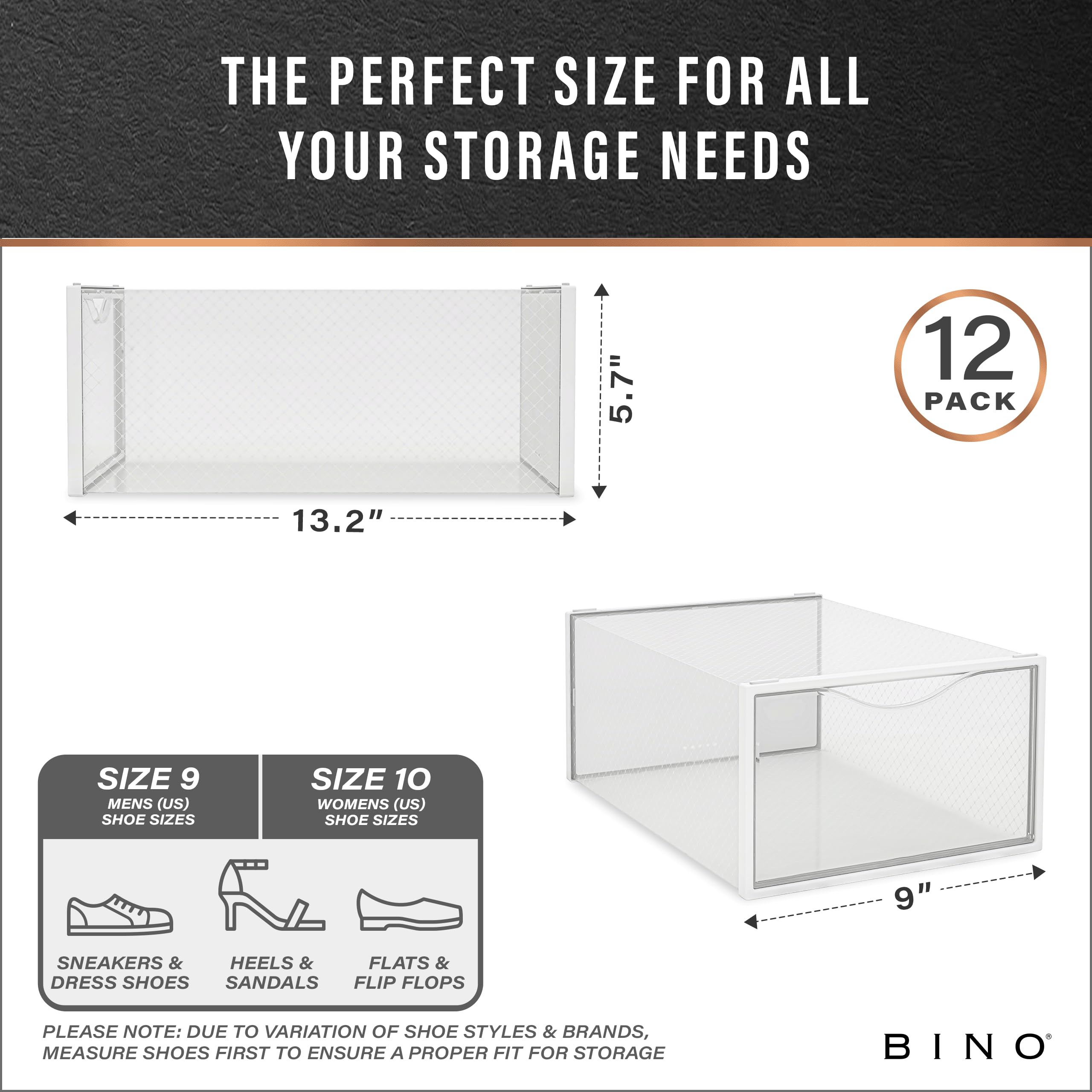 BINO 12-Pack Plastic Stackable Shoe Box Set - Clear | Foldable Shoe Storage Container | Sneaker Bins | Shoe Rack Box | Transparent | Portable Stacking Shoe Boxes Front Open