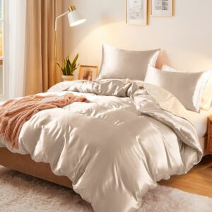 vonty 3-piece silky satin duvet cover set full/queen size duvet cover, organic natural 400tc beige duvet cover set - luxury & sexy bedding duvet covers with zipper closure(no comforter)