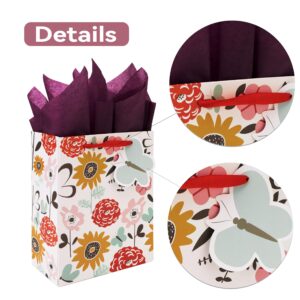 2 pack 10.6” Medium Gift Bag Set with Greeting Card and Tissue Paper (Flowers and Butterfly gift tag) for Birthdays, Bridal Showers, Children's Day, Weddings, Easter, Mother's Day- 10.6” x 8.3” x 4.3”,2 Pcs