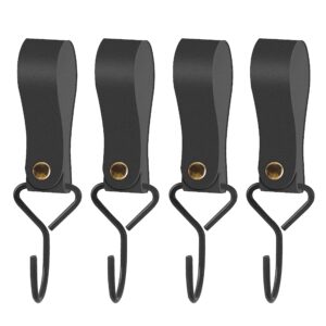 anjuu 4pcs pu leather hooks, leather straps with hooks leather s hooks s shaped hooks bag hook metal s shaped hooks for hanging outdoor camping equipment, clothes, tools, keys(black)