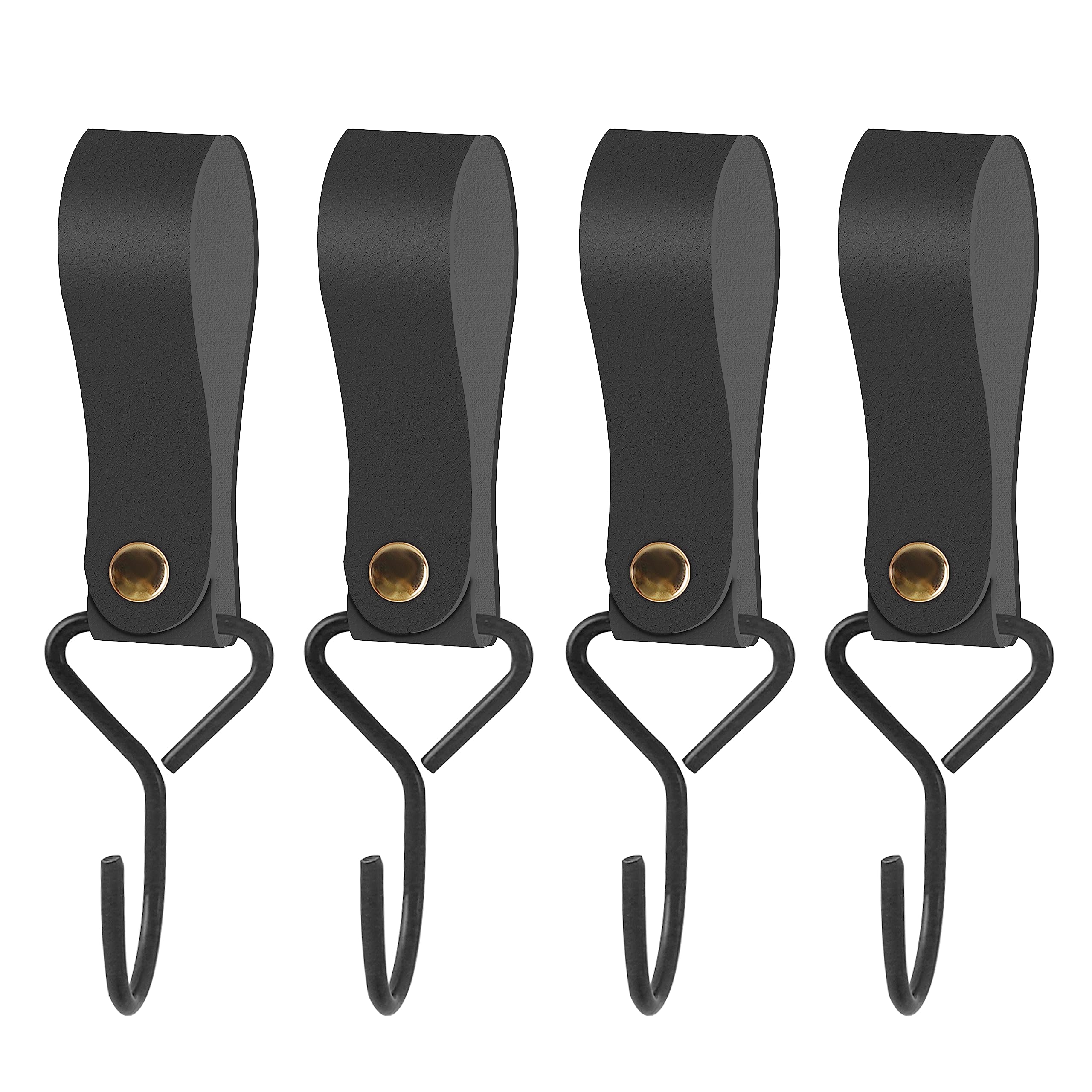 ANJUU 4Pcs PU Leather Hooks, Leather Straps with Hooks Leather S Hooks S Shaped Hooks Bag Hook Metal S Shaped Hooks for Hanging Outdoor Camping Equipment, Clothes, Tools, Keys(Black)