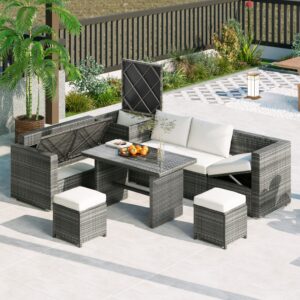 merax patio dining table set, outdoor 6-piece all weather pe rattan sofa set, wicker sectional furniture set with adjustable seat, storage box, removable covers and tempered glass top table beige