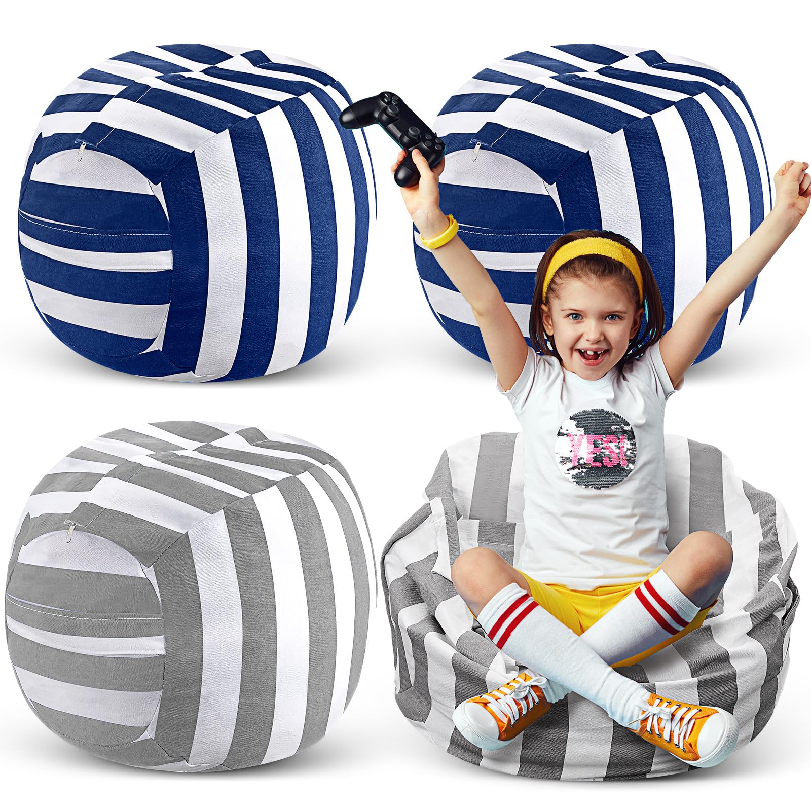 Windyun 4 Pcs Stuffed Animal Storage Bean Bag Chair Cover 24 Inch Stripe Blue and Grey with Zipper for Organizing Plush Toys Kid and Adult