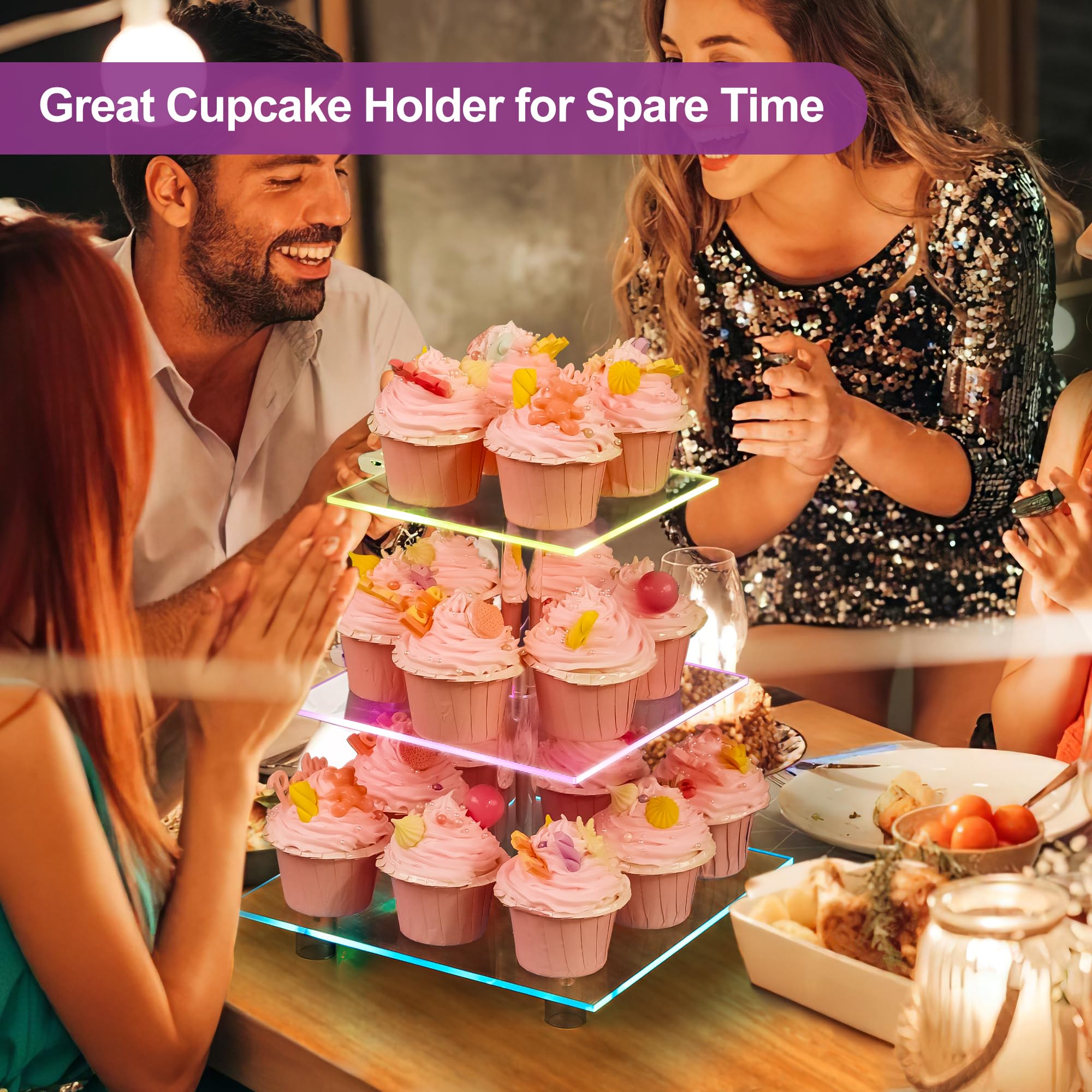 Cupcake Stand - 3 Tier Cupcake Tower with Rechargeable Light- Acrylic Cupcake Holder for 24 Cupcakes-7 Color Cupcake Display Stand- Clear Dessert Display Stand for Weddings, Birthdays, and Special Occasions