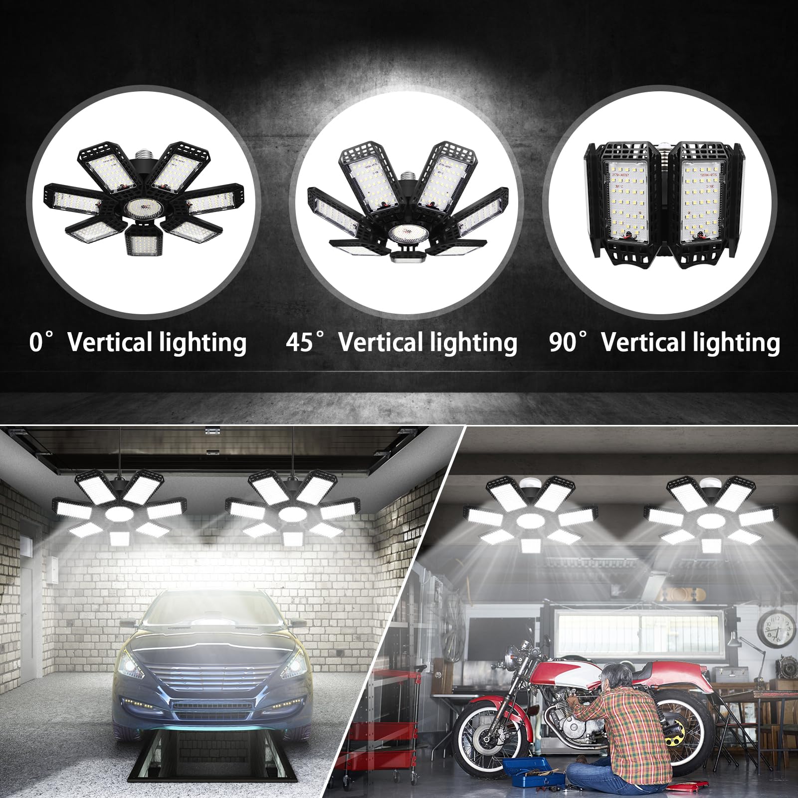 4 Pack LED Garage Light, 240W 24000LM 6500K LED Shop Lights, Garage Lights Ceiling Led with 7+1 Deformable Panels, E26/E27 Bulb Socket Lighting for Shop, High Bay, Attic, Basement, Warehouse