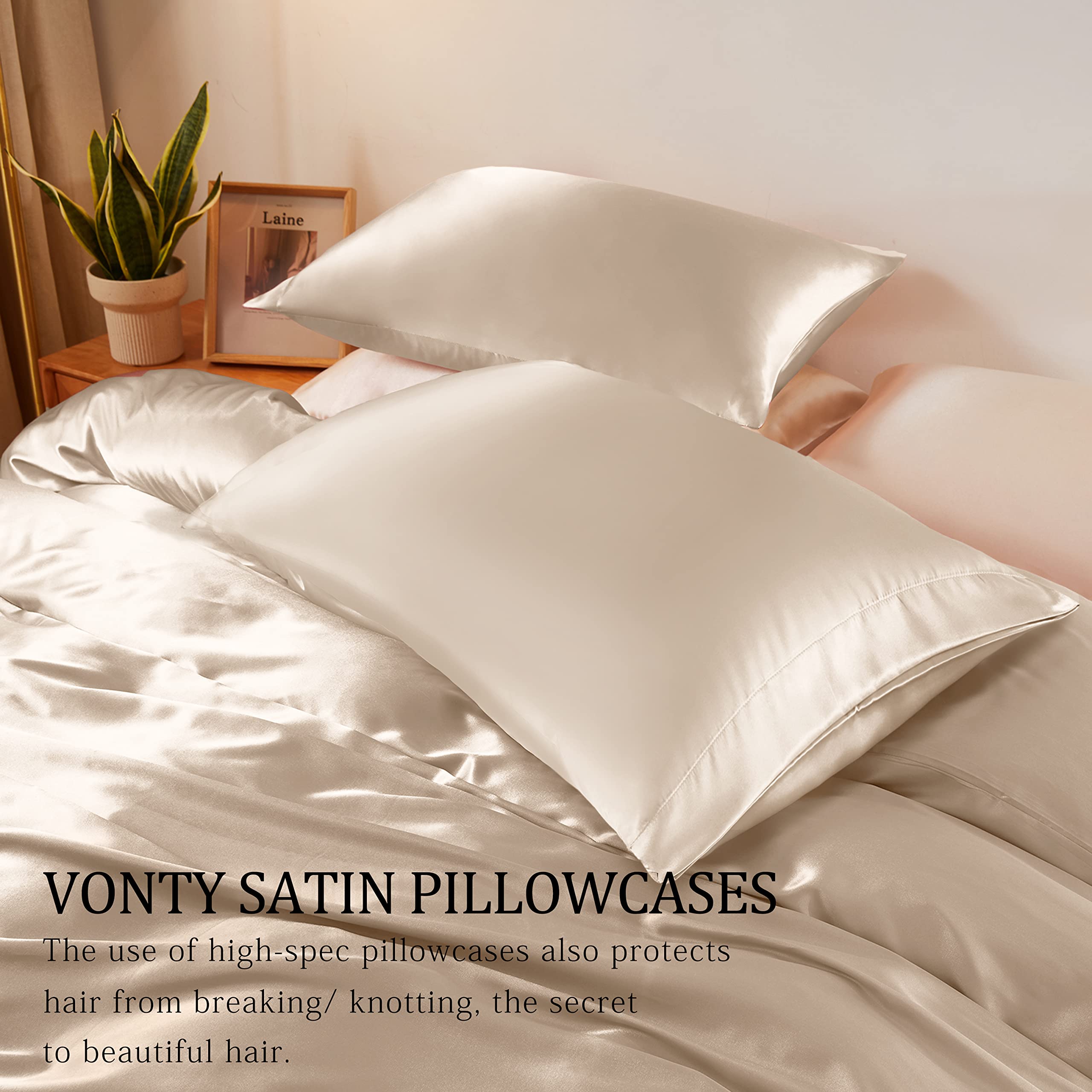 Vonty 3-Piece Silky Satin Duvet Cover Set Full/Queen Size Duvet Cover, Organic Natural 400TC Beige Duvet Cover Set - Luxury & Sexy Bedding Duvet Covers with Zipper Closure(No Comforter)