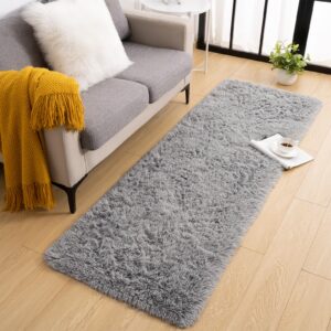 Toneed Fluffy Runner Rug for Bedroom Living Room, 2 x 6 Feet Gray Shaggy Rug Super Soft Modern Indoor Area Rug Fuzzy Plush Carpet for Dorm Nursery Kids Room Home Decorative