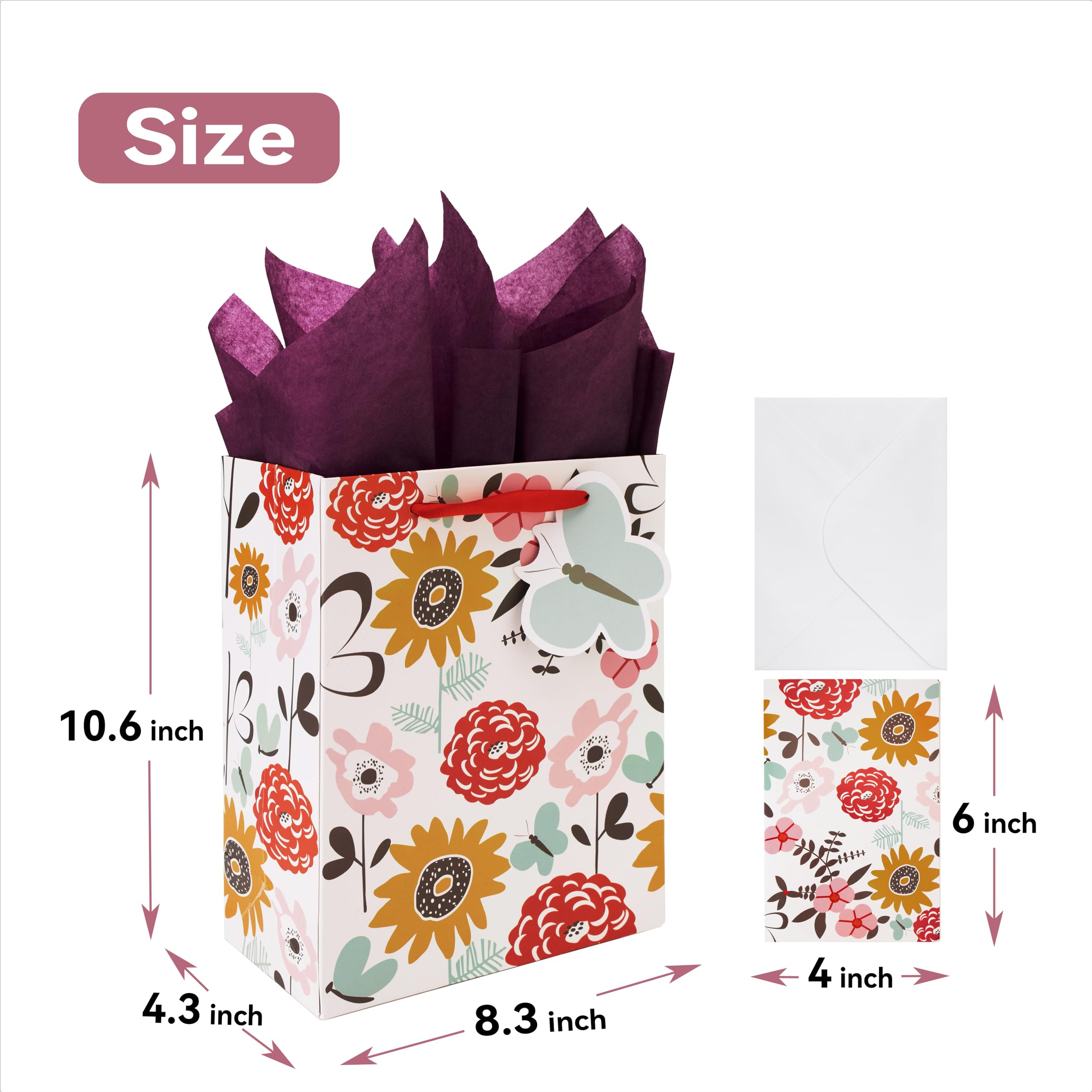 2 pack 10.6” Medium Gift Bag Set with Greeting Card and Tissue Paper (Flowers and Butterfly gift tag) for Birthdays, Bridal Showers, Children's Day, Weddings, Easter, Mother's Day- 10.6” x 8.3” x 4.3”,2 Pcs