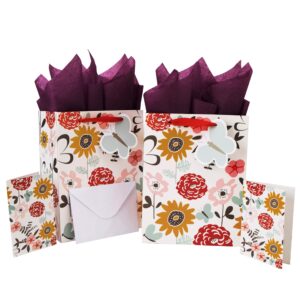 2 pack 10.6” medium gift bag set with greeting card and tissue paper (flowers and butterfly gift tag) for birthdays, bridal showers, children's day, weddings, easter, mother's day- 10.6” x 8.3” x 4.3”,2 pcs