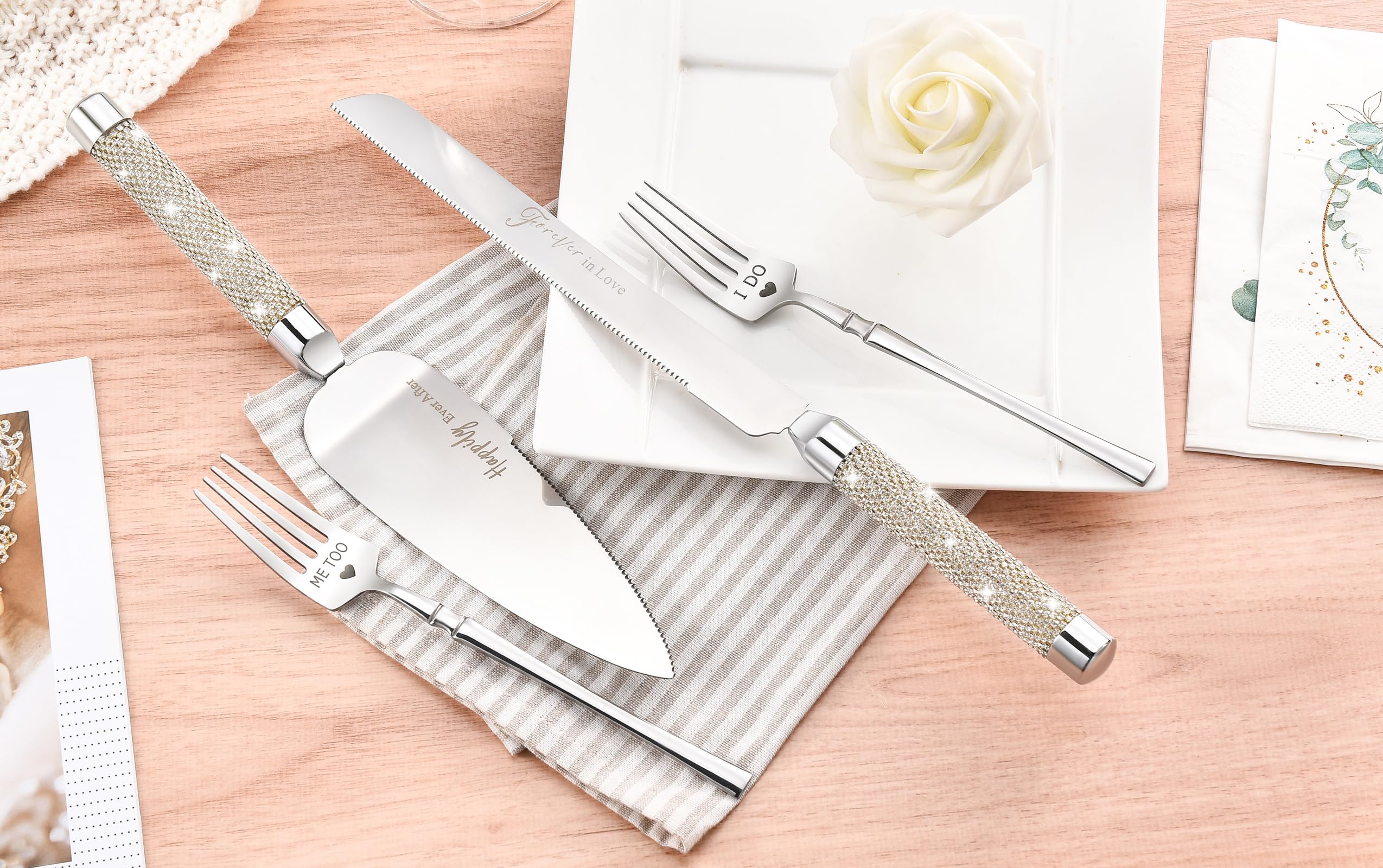 ROXBURGH Wedding Cake Knife and Server Set, Mr and Mrs Forks, Cake Cutting Set for Wedding, 420 Stainless Steel Silver Cake Cutter and Pie Server Slicer, Rhinestones Studded Handle Engagement