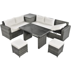 Merax Patio Dining Table Set, Outdoor 6-Piece All Weather PE Rattan Sofa Set, Wicker Sectional Furniture Set with Adjustable Seat, Storage Box, Removable Covers and Tempered Glass Top Table Beige