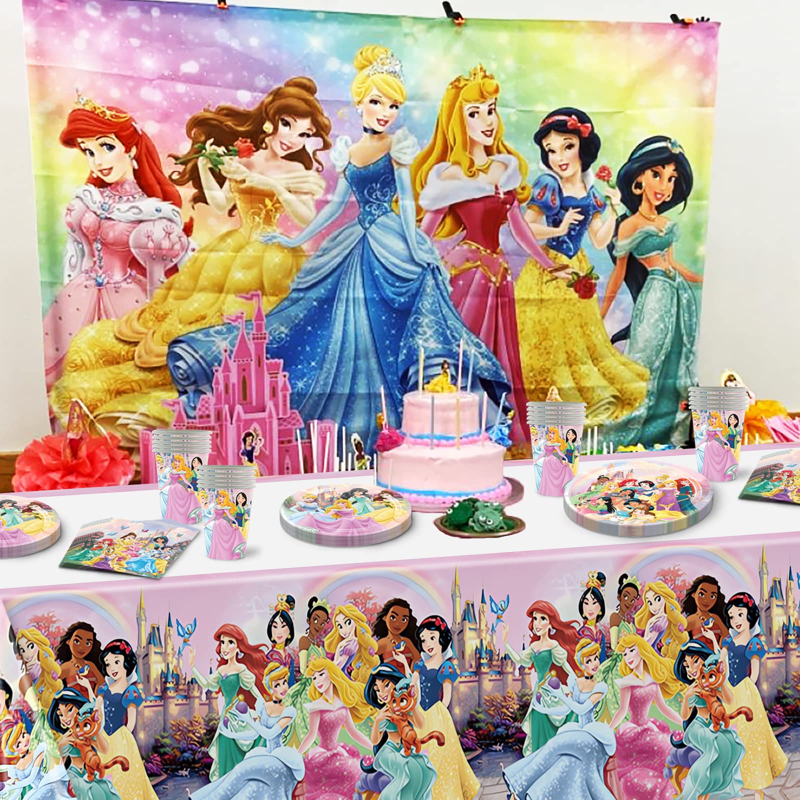 81 PCS Princess Birthday Party Supplies, Princess Tableware Set Includes 40 PCS Plates, 20 PCS Napkins, 20 PCS Paper Cups, 1 PCS Tablecover for Boys Girls Birthday Party Baby Shower DecorationsQ