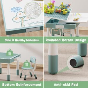 Brelley Kids Table and Chairs Set Building Blocks Table with Storage and Drawers, Height Adjustable Chairs, Reversible Top Activity Table, Craft & Play Table Gift for Ages 2-8, Grayish Blue