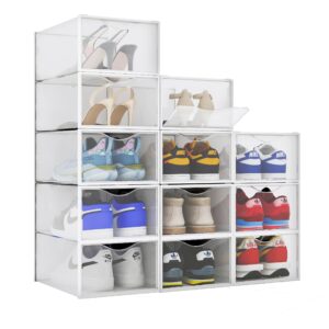 bino 12-pack plastic stackable shoe box set - clear | foldable shoe storage container | sneaker bins | shoe rack box | transparent | portable stacking shoe boxes front open