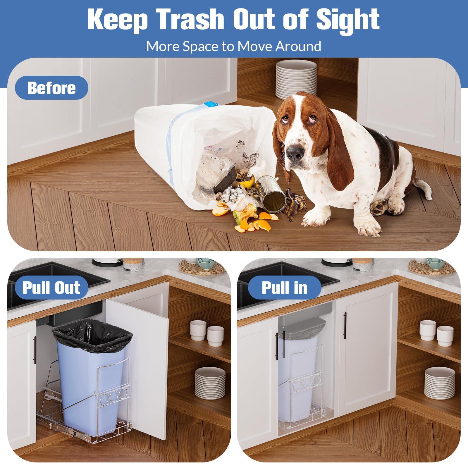 Pull Out Trash Can Under Cabinet - Under Sink Trash Can Pull Out Kit, Adjustable Kitchen Garbage Can Pull Out, Roll Out Kitchen Cabinet Trash Can Slide Out Rack for 7-11 Gallon Trash Can Not Included