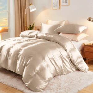 Vonty 3-Piece Silky Satin Duvet Cover Set Full/Queen Size Duvet Cover, Organic Natural 400TC Beige Duvet Cover Set - Luxury & Sexy Bedding Duvet Covers with Zipper Closure(No Comforter)