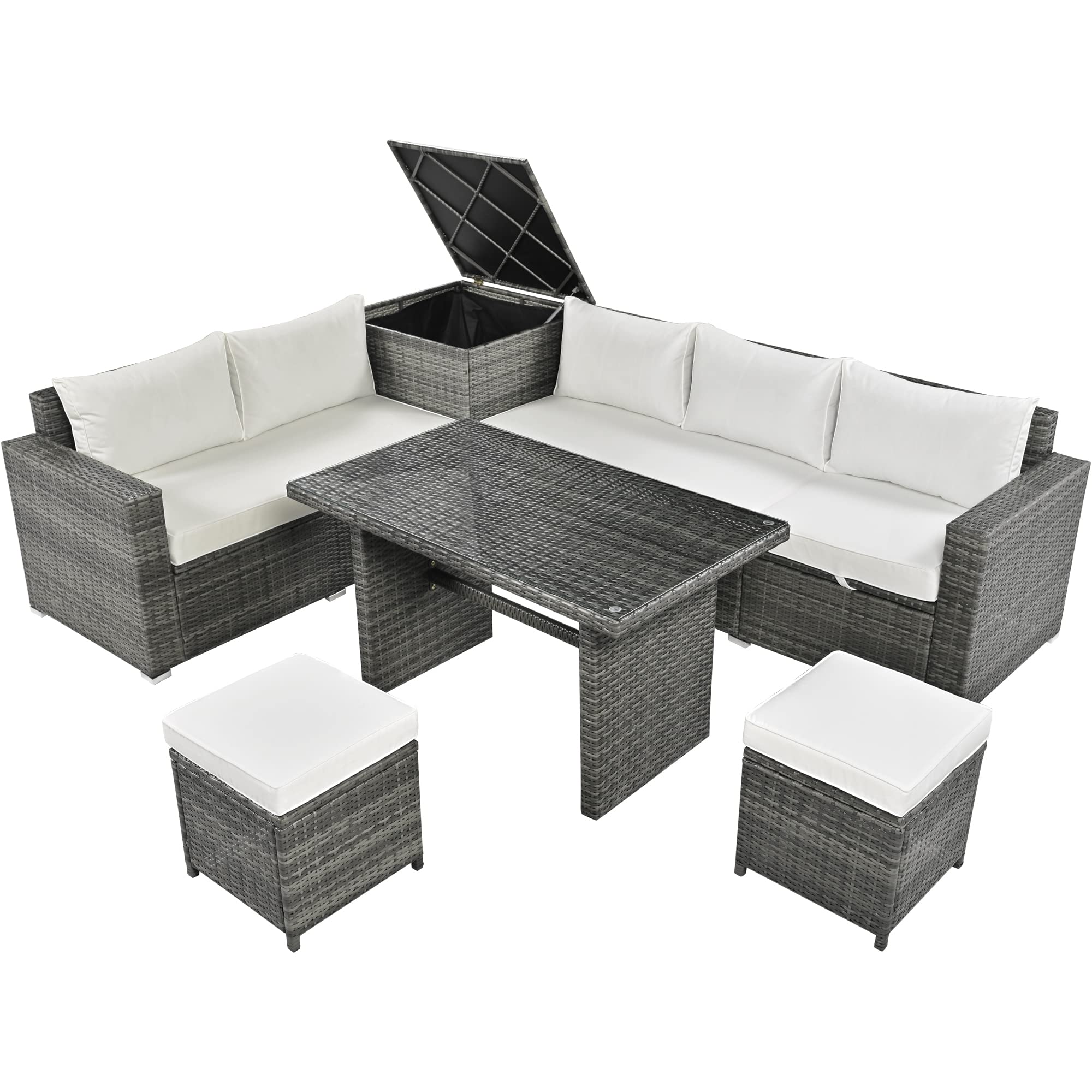 Merax Patio Dining Table Set, Outdoor 6-Piece All Weather PE Rattan Sofa Set, Wicker Sectional Furniture Set with Adjustable Seat, Storage Box, Removable Covers and Tempered Glass Top Table Beige