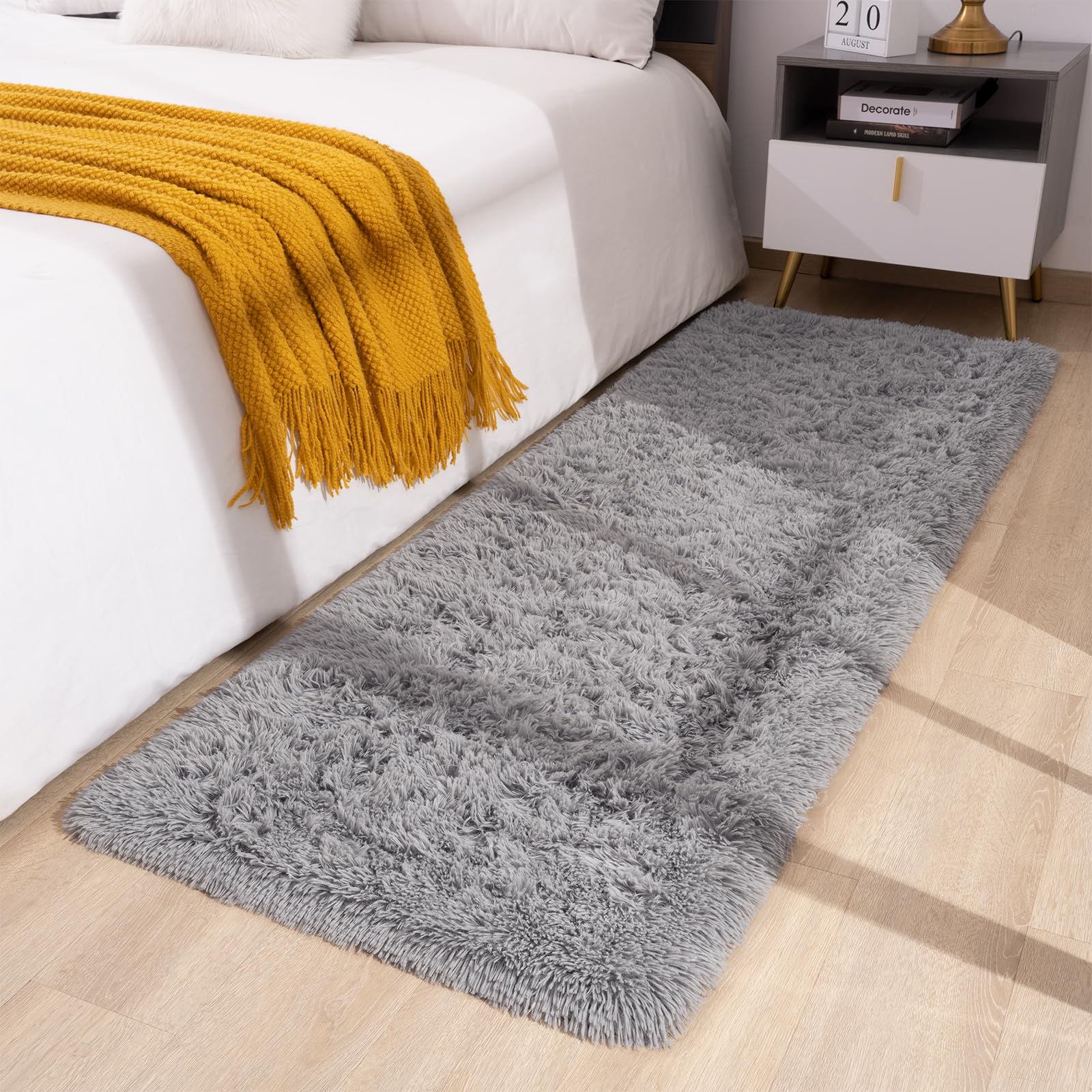 Toneed Fluffy Runner Rug for Bedroom Living Room, 2 x 6 Feet Gray Shaggy Rug Super Soft Modern Indoor Area Rug Fuzzy Plush Carpet for Dorm Nursery Kids Room Home Decorative