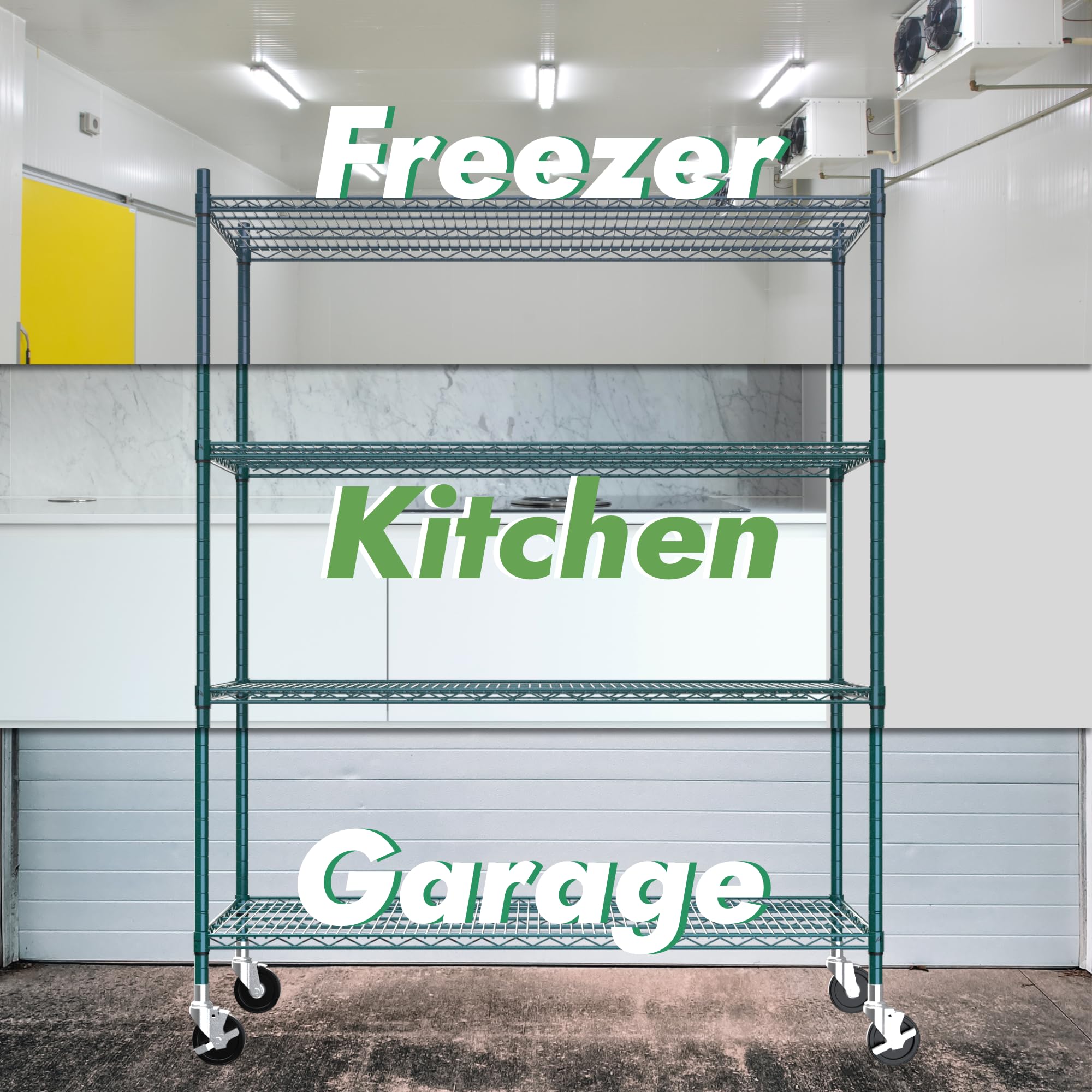 APLSS NSF 4-Tier Green-Epoxy Storage Shelves, 18"x48"x63", Moist&Dry Enviroments, Commercial Heavy Duty Steel Wire Shelving Unit with Wheels, Walk-in Cooler&Freezer Dishroom Kitchen